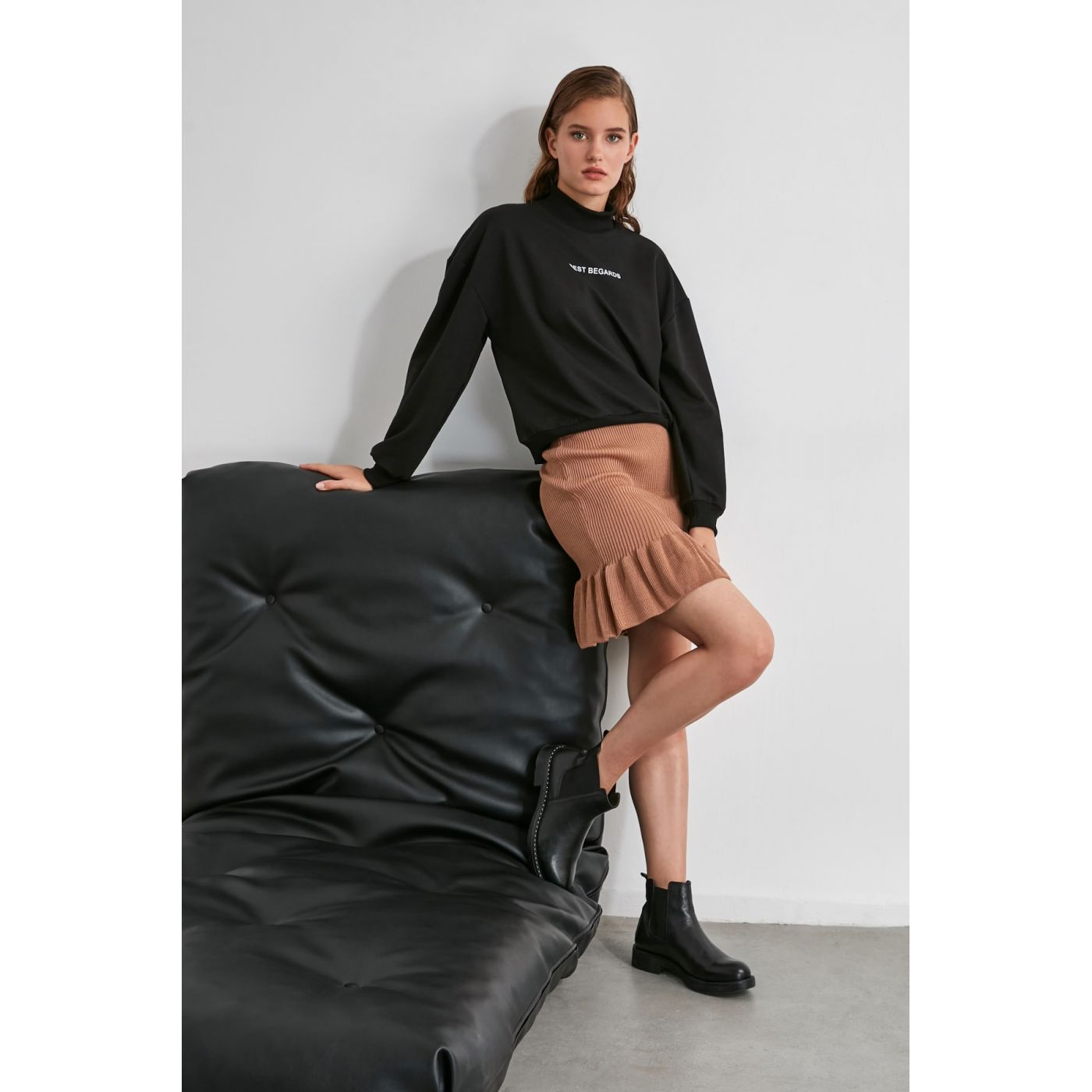 Trendyol Camel Flywheel Knitwear Skirt
