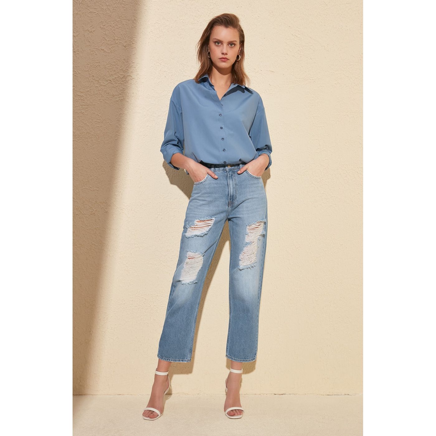 Trendyol Blue Ripped High Waist Straight Jeans