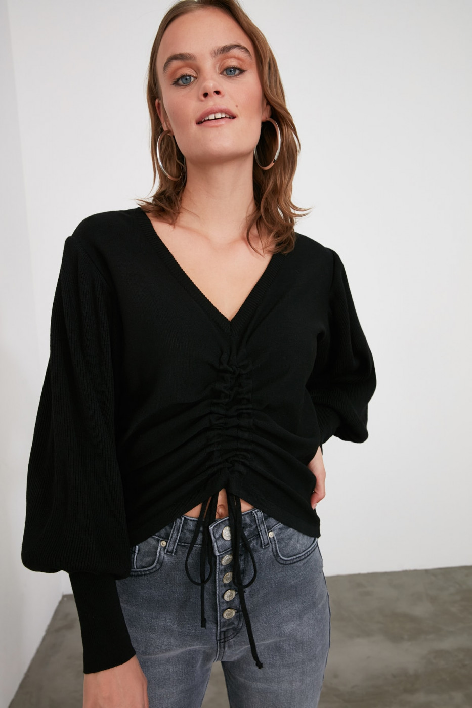 Trendyol Black V Neck Balloon Knitwear Sweater