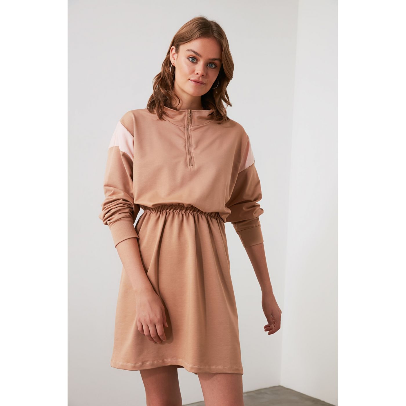 Trendyol Camel Zipper Knitted Sweat Dress