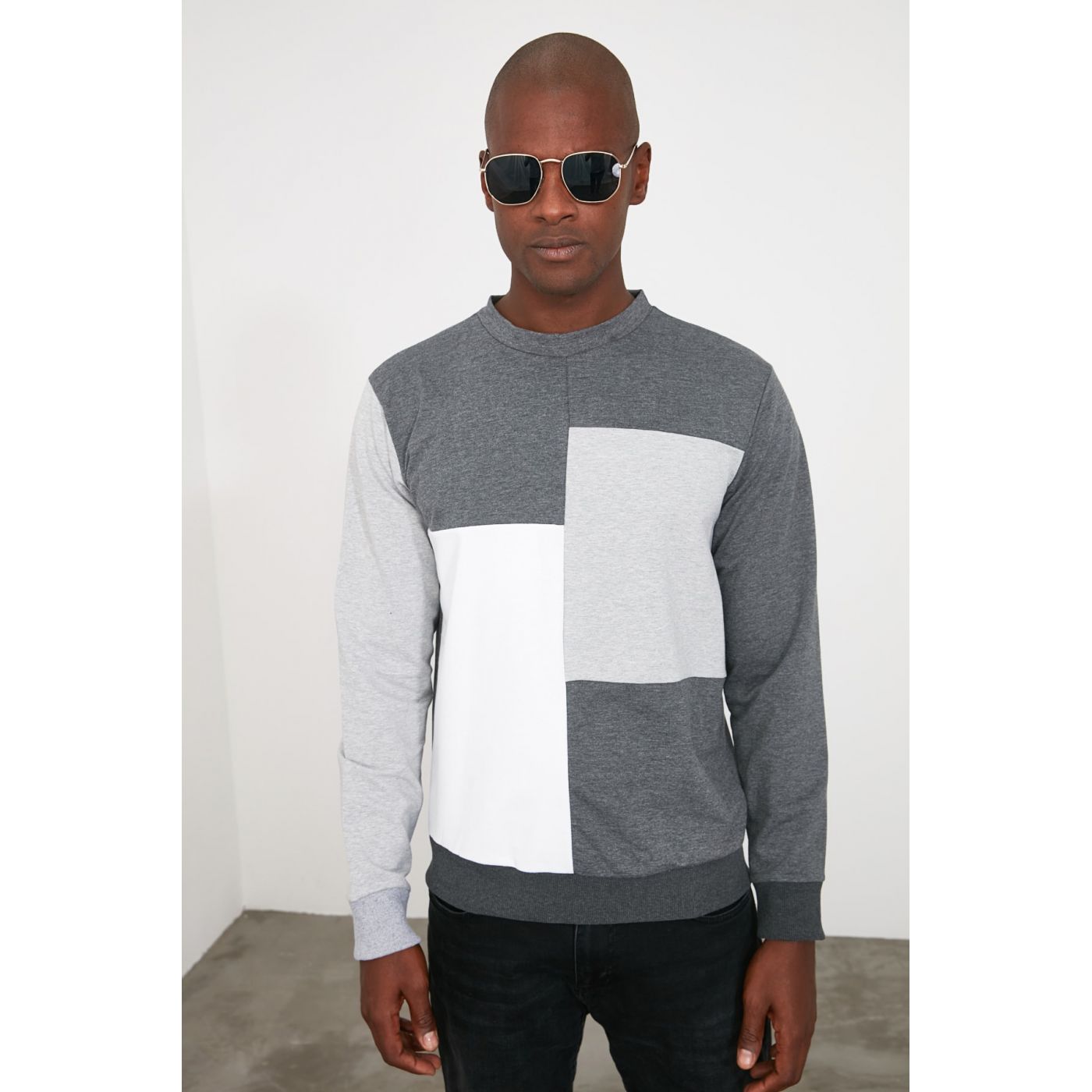 Trendyol Anthracite Men's Paneled Bicycle Collar Regular Sweatshirt