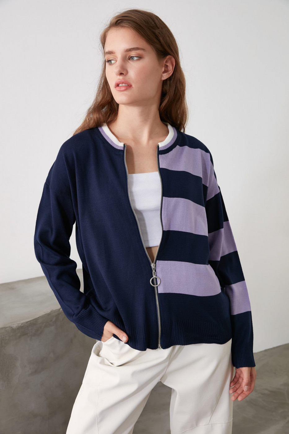 Trendyol Navy Color Block Zipper Knit Cardigan