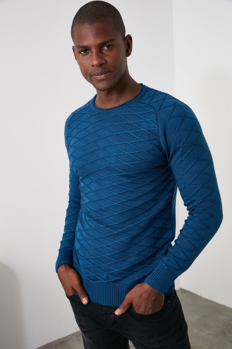Trendyol Blue Men's Bicycle Collar Baklava Textured Knitwear Sweater