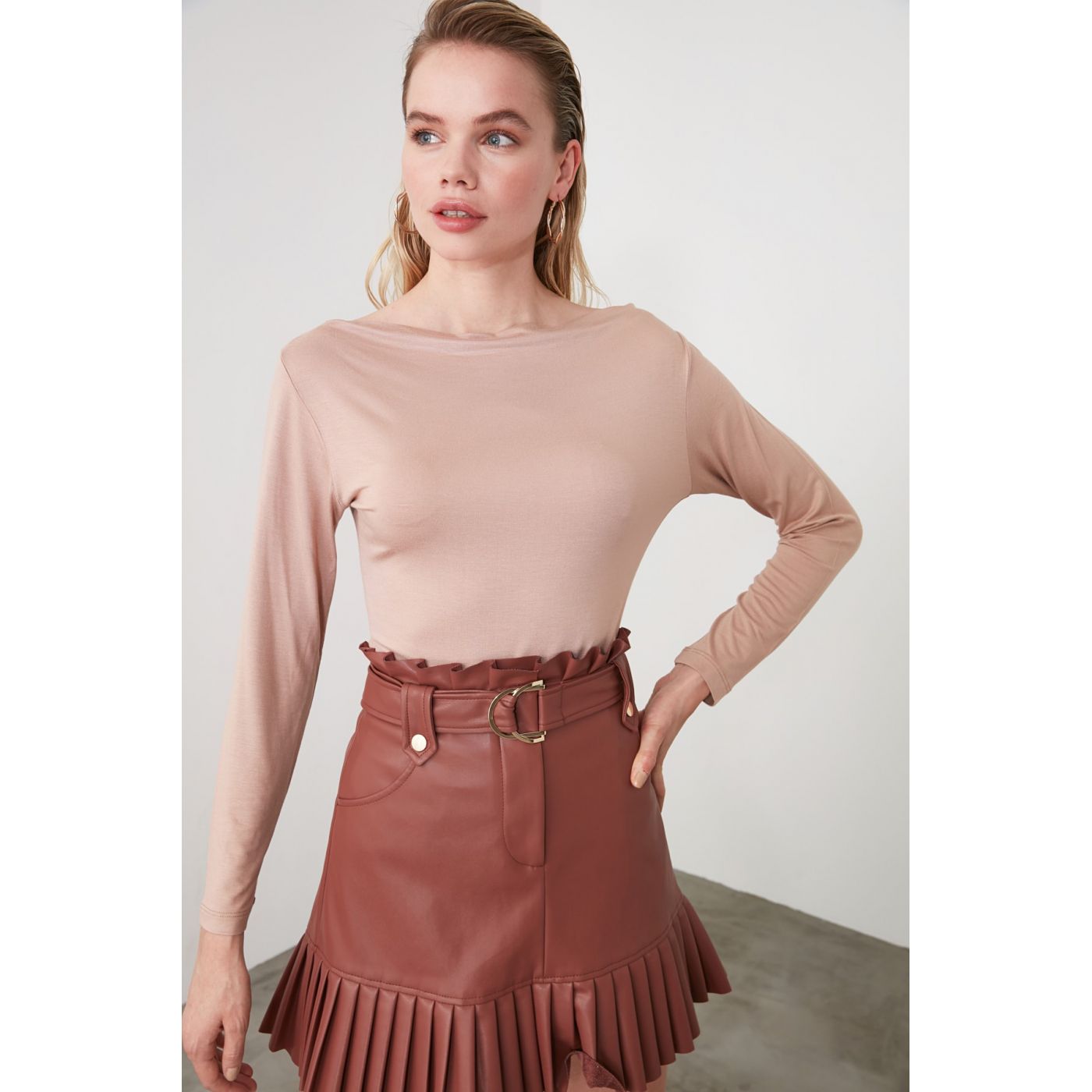 Trendyol Mink Boat Collar Knitted Blouse