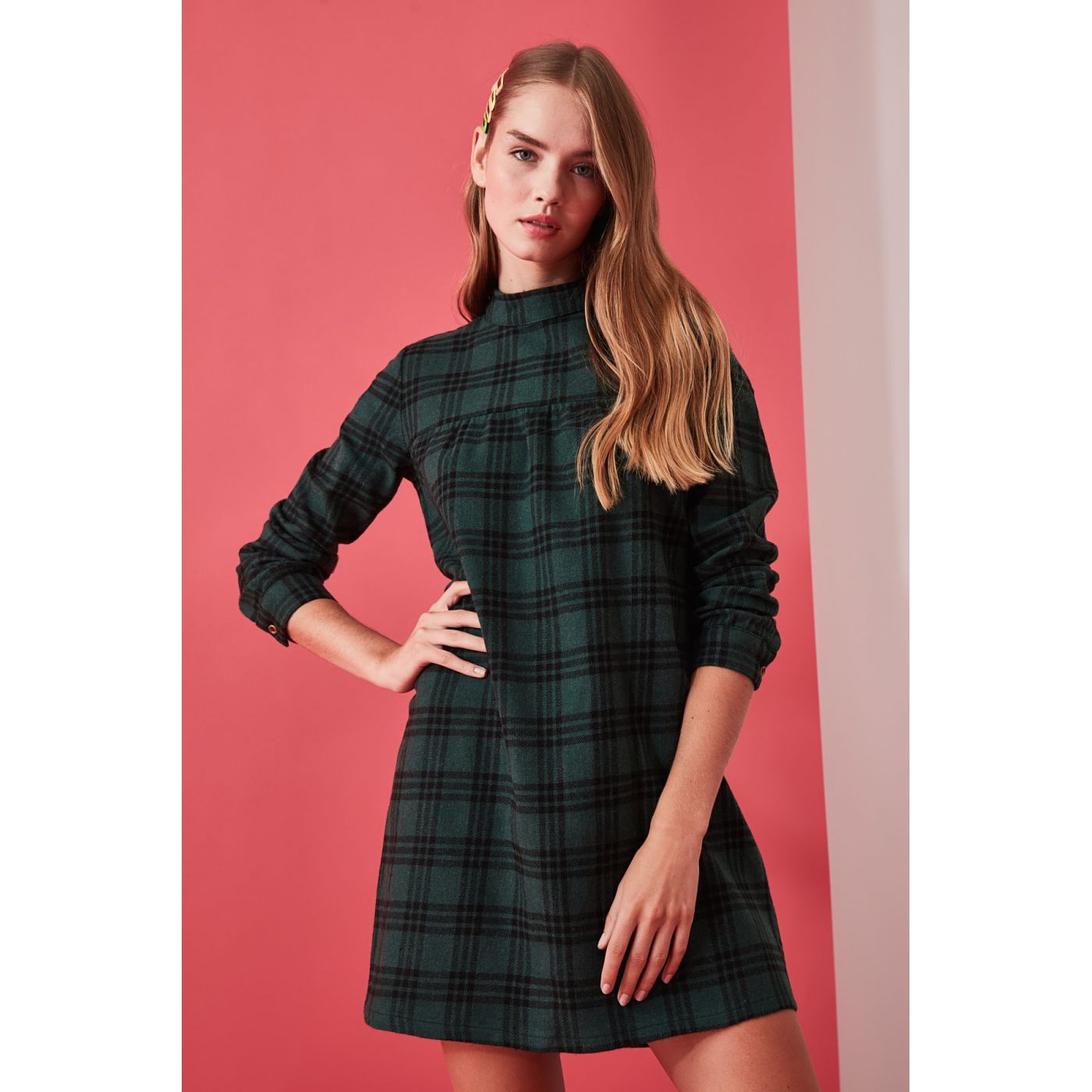 Trendyol Khaki Steep Collar Plaid Dress