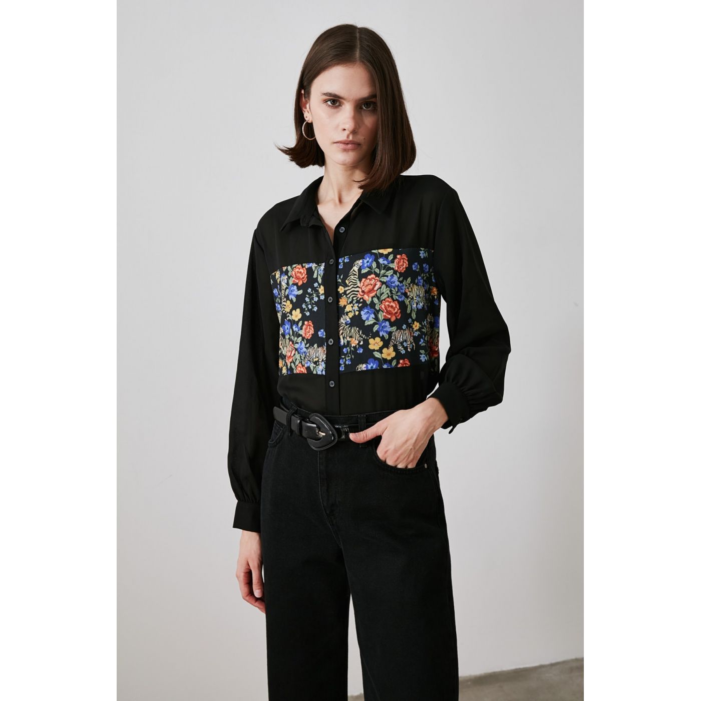 Trendyol Black Floral Printed Shirt