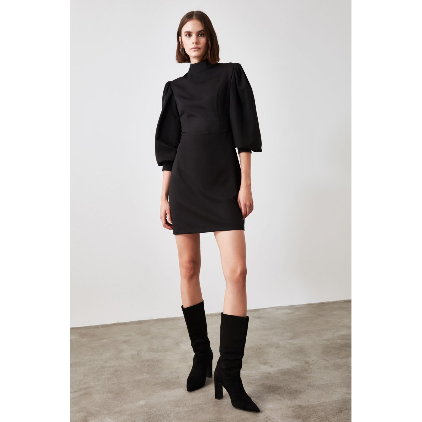 Trendyol Black Sheer Neckline Sleeve Detailed Dress