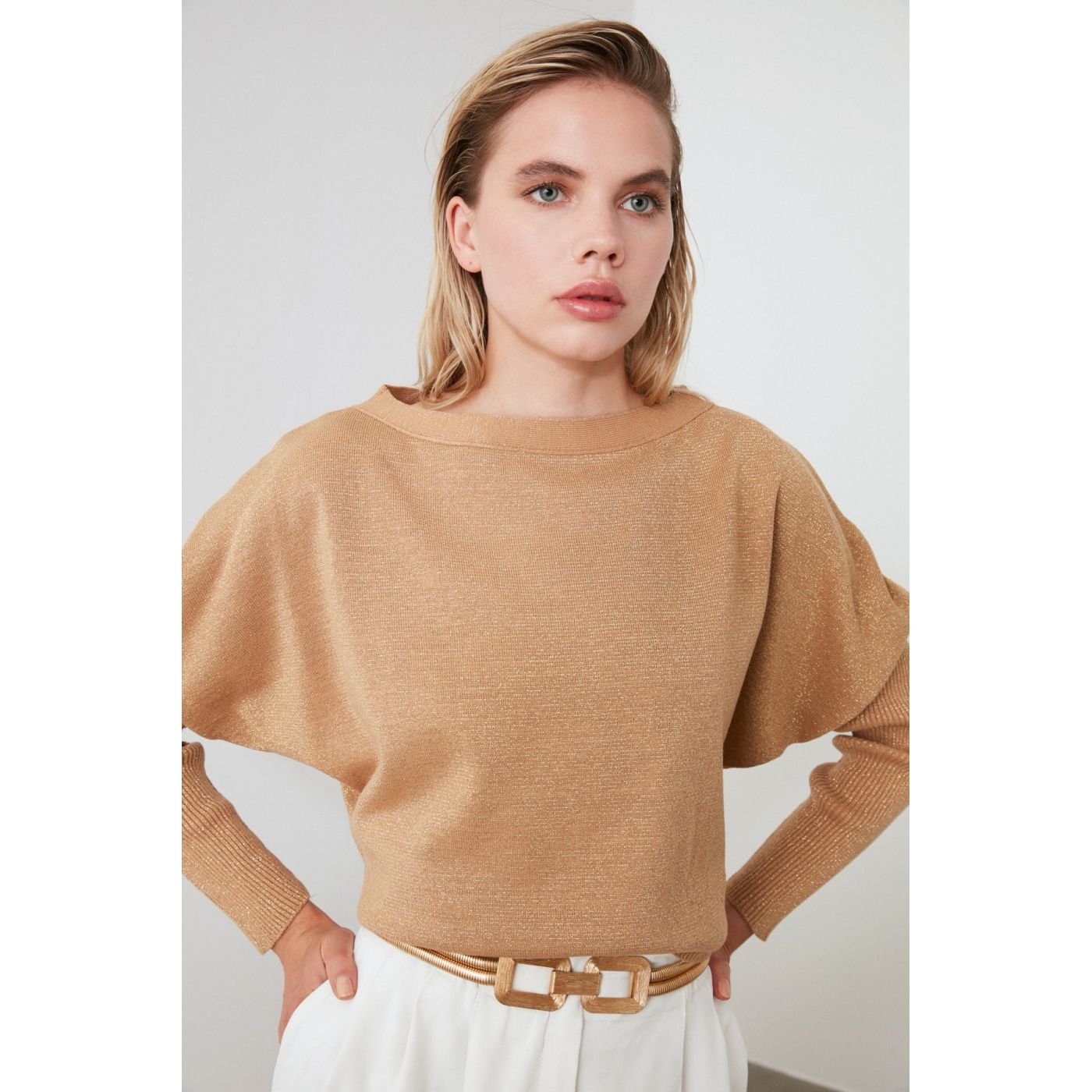 Trendyol Camel Simli Knit Sweater