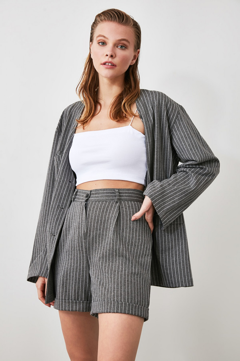 Trendyol Anthracite Striped Knitted Shorts & Bermuda