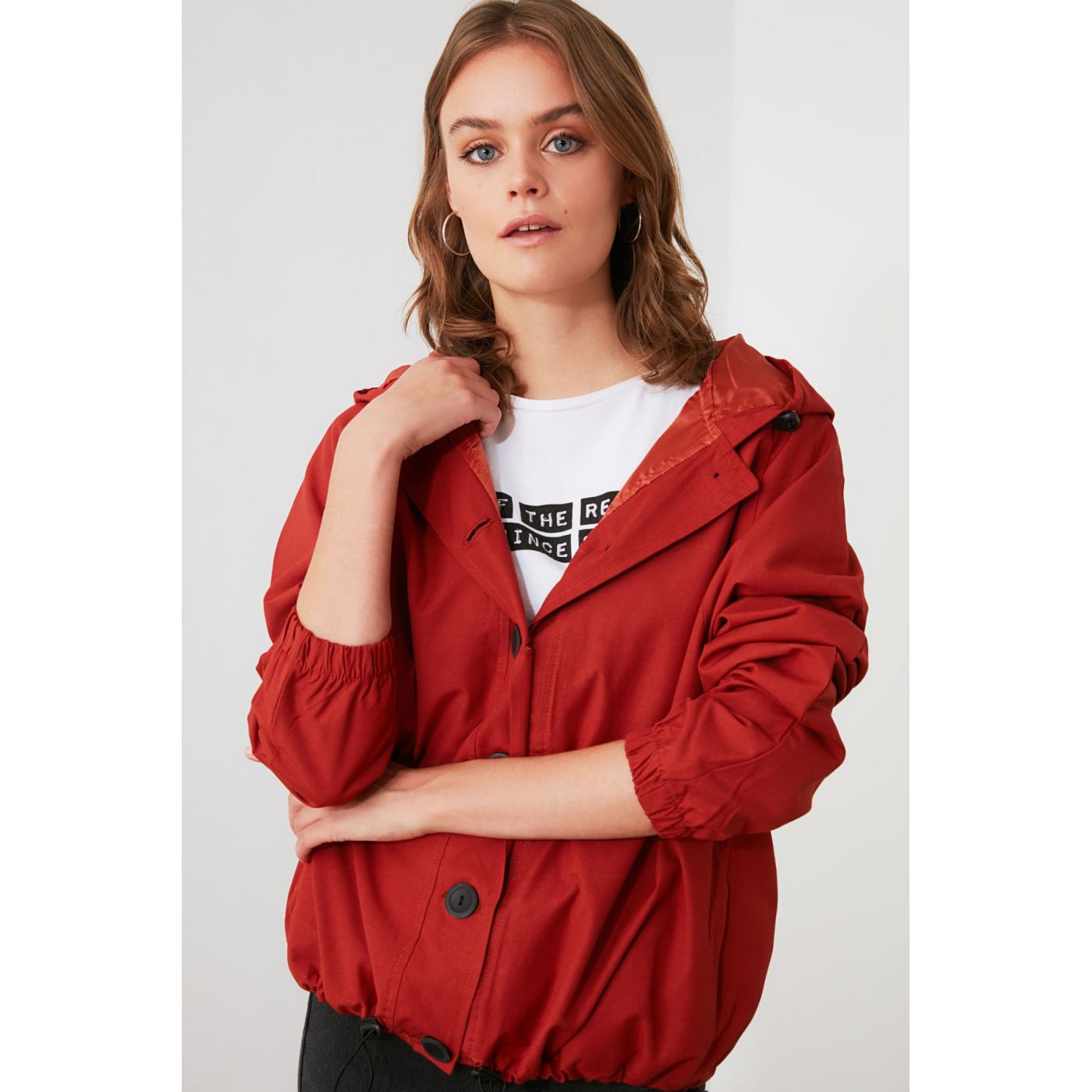 Trendyol Tile Hooded Button Detailed Mont