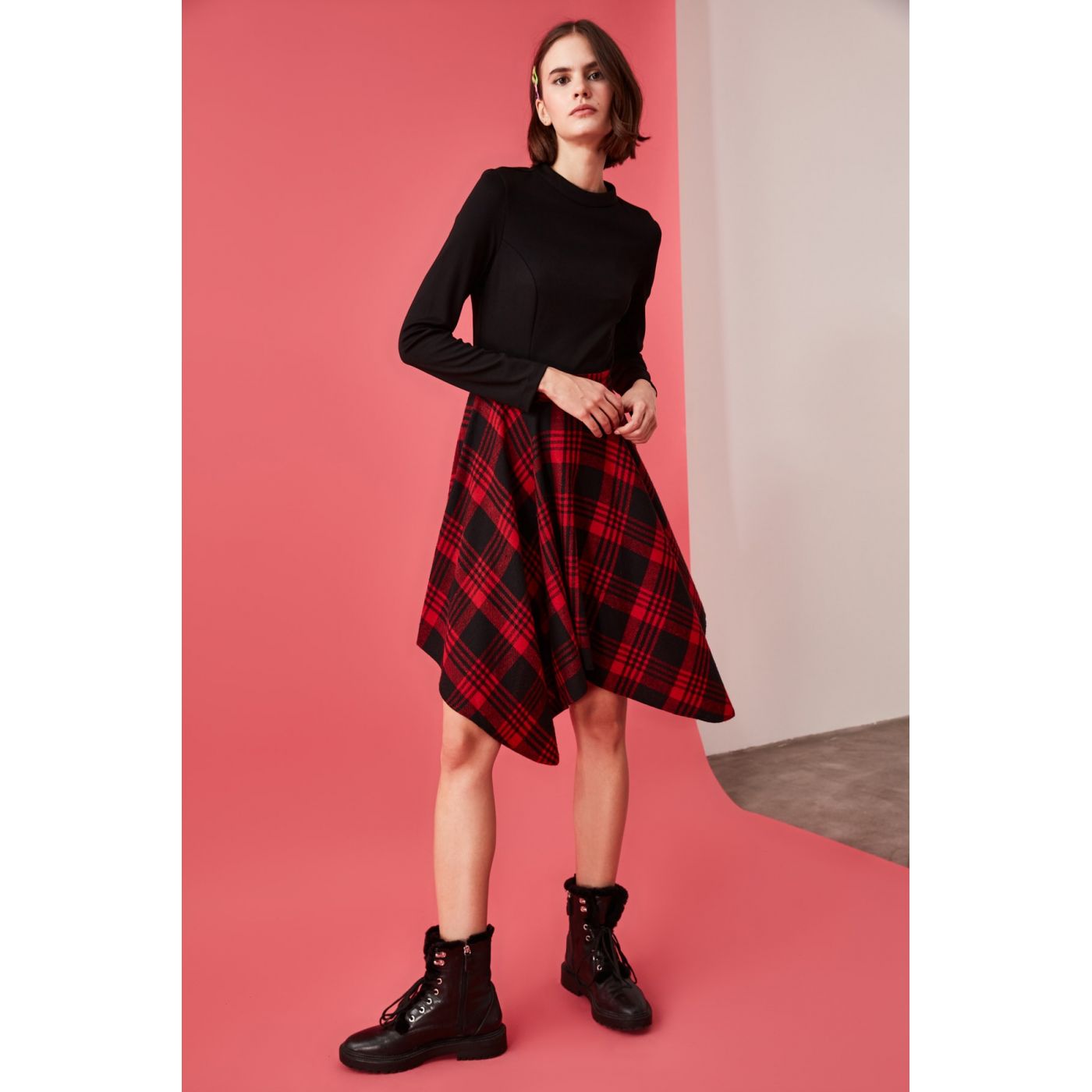 Trendyol Burgundy Plaid AsymmetricAl Dress