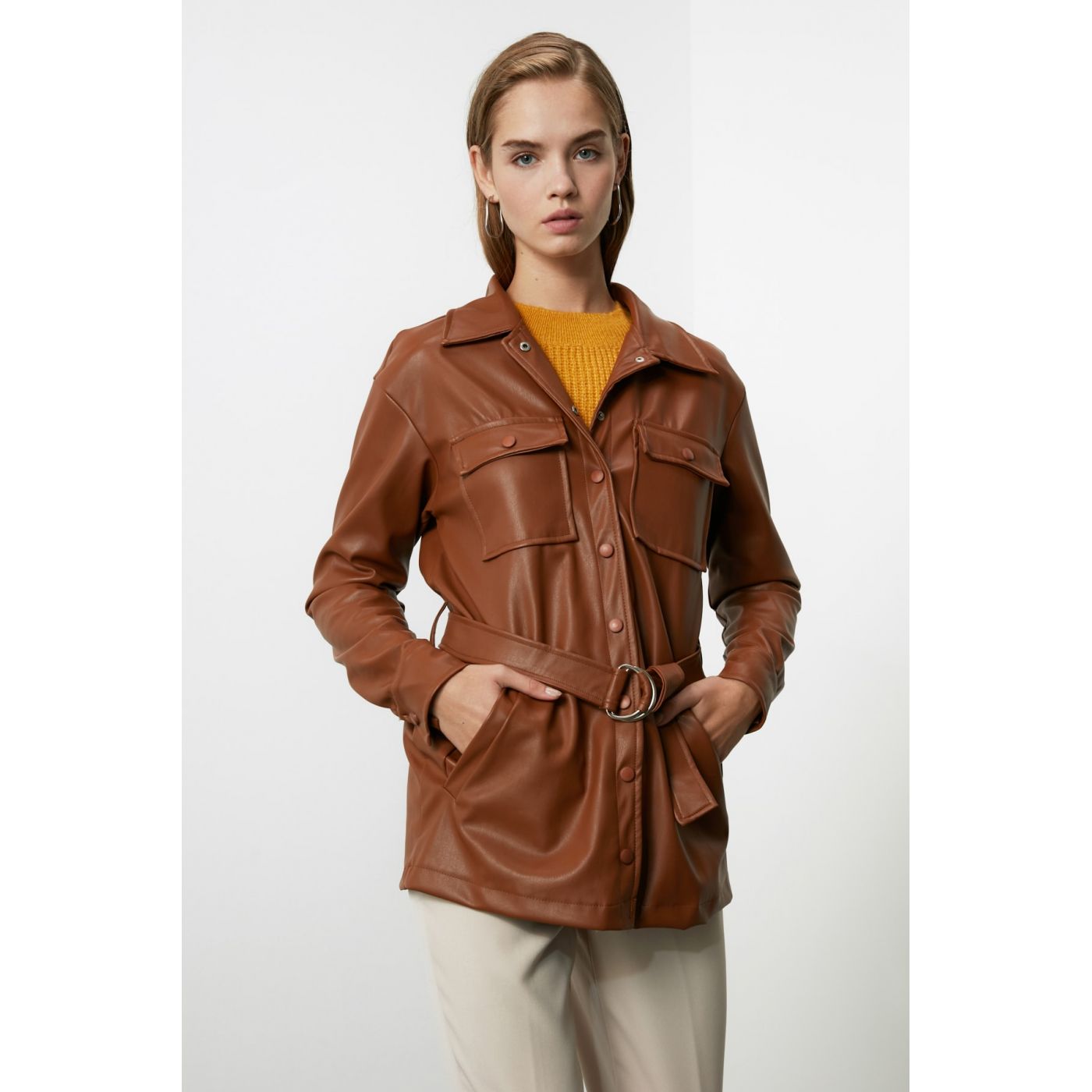 Trendyol Camel Metal Buckle BeltEd Fd leather Coat
