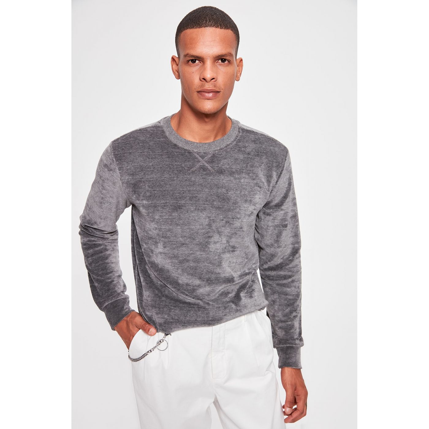 Trendyol Anthracite Men's Bicycle Collar Long Sleeve Velvet New Sweatshirt