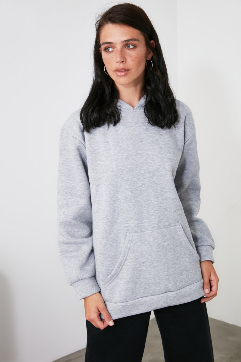 Trendyol Grey Printed and Hooded Knitted Sweatshirt
