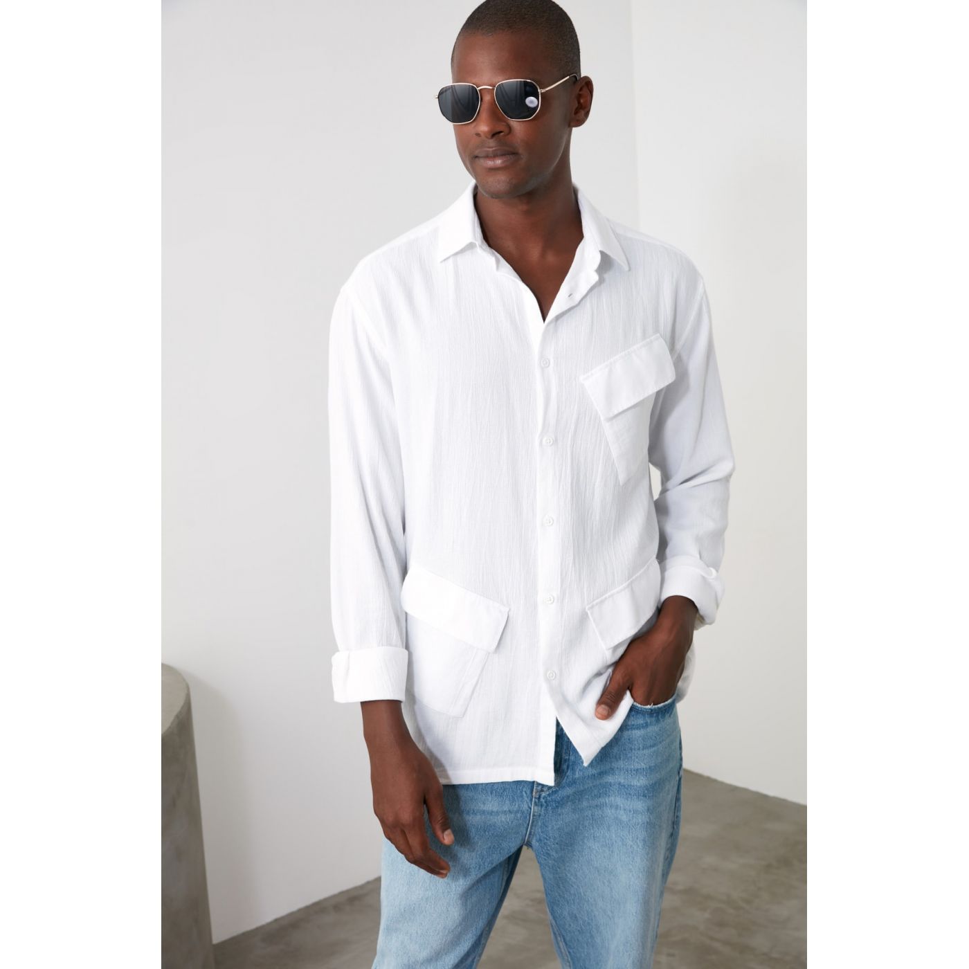 Trendyol Ekru Men Oversize Asymmetric Pocket Shirt