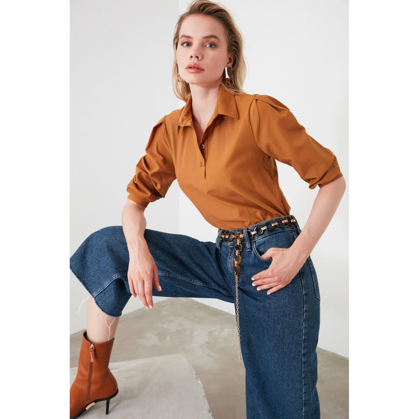 Trendyol Camel Shirt Collar Blouse