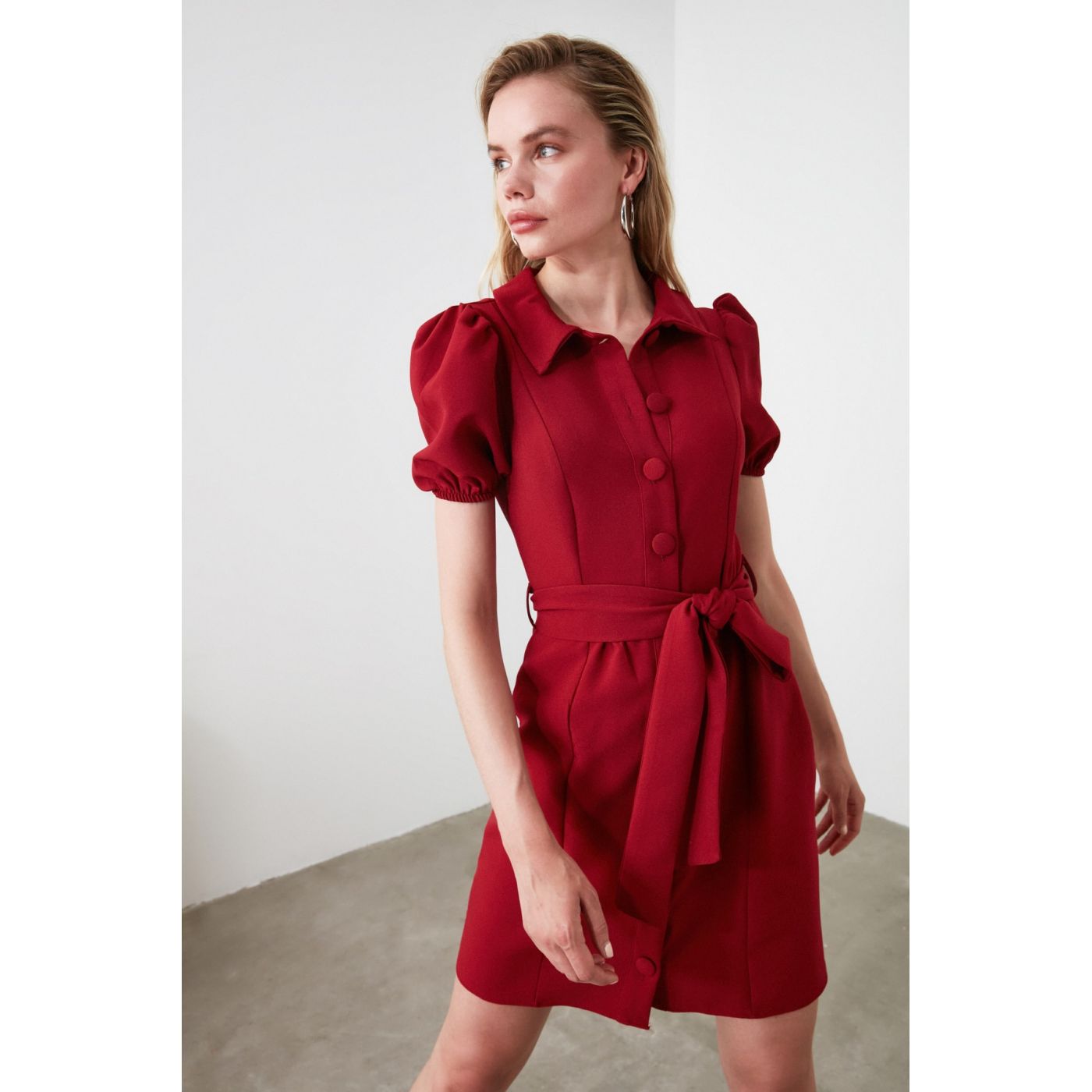 Trendyol Burgundy Belted Shirt Collar Dress