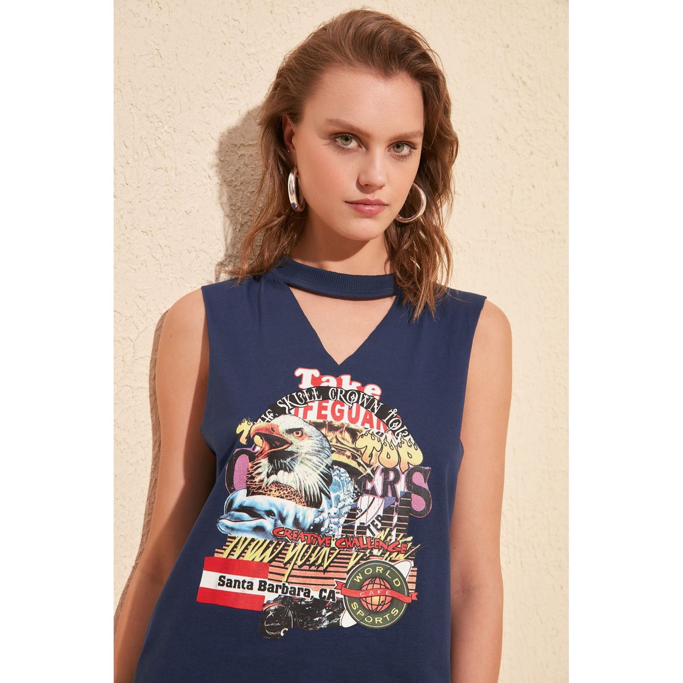 Trendyol Navy Printed Choker Collar Knitted T-Shirt