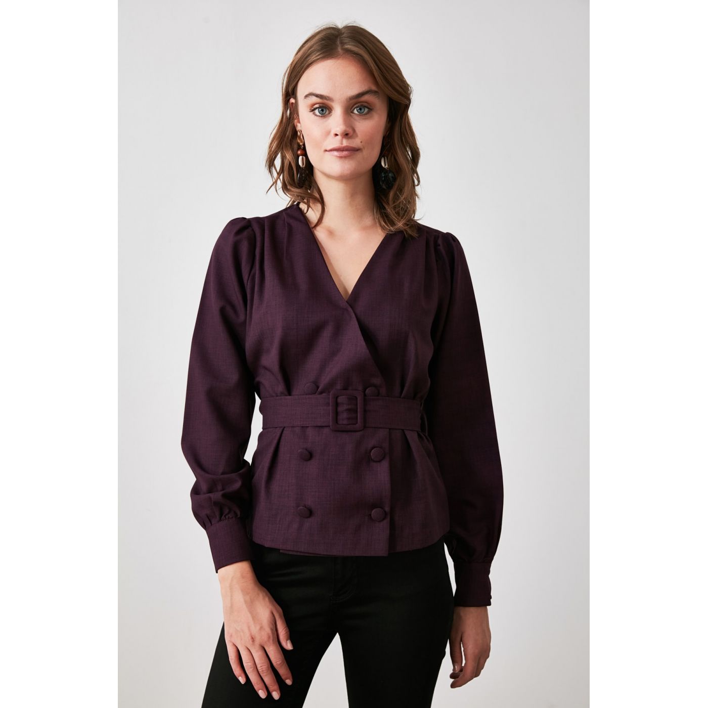 Trendyol Mürdüm Button Detailed Belt Blouse