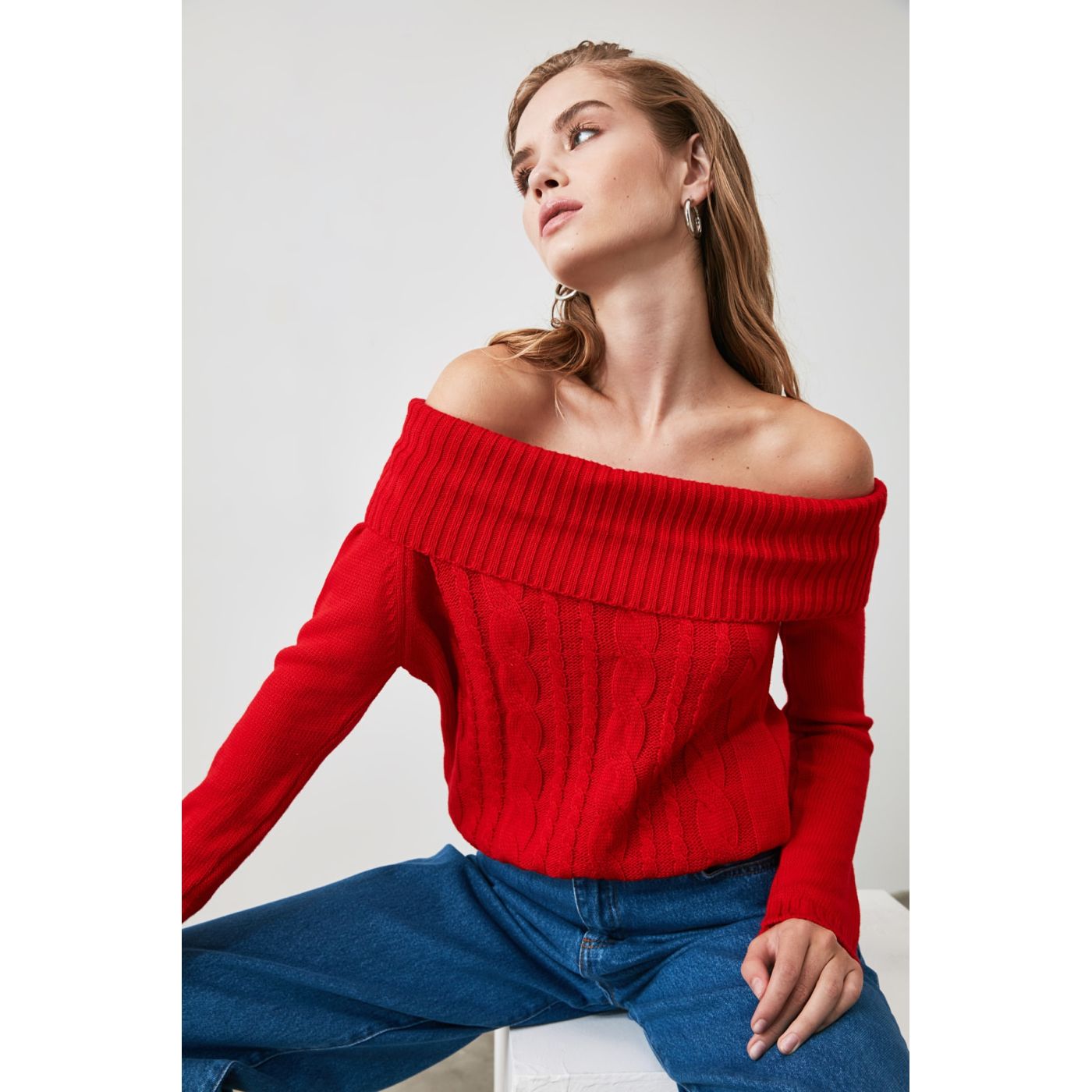 Trendyol Red Hair Braided Knit Sweater
