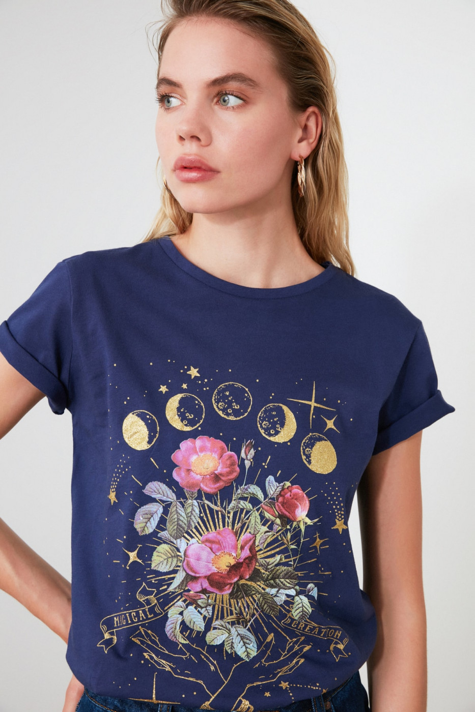 Trendyol Navy Printed Basic Knitted T-Shirt