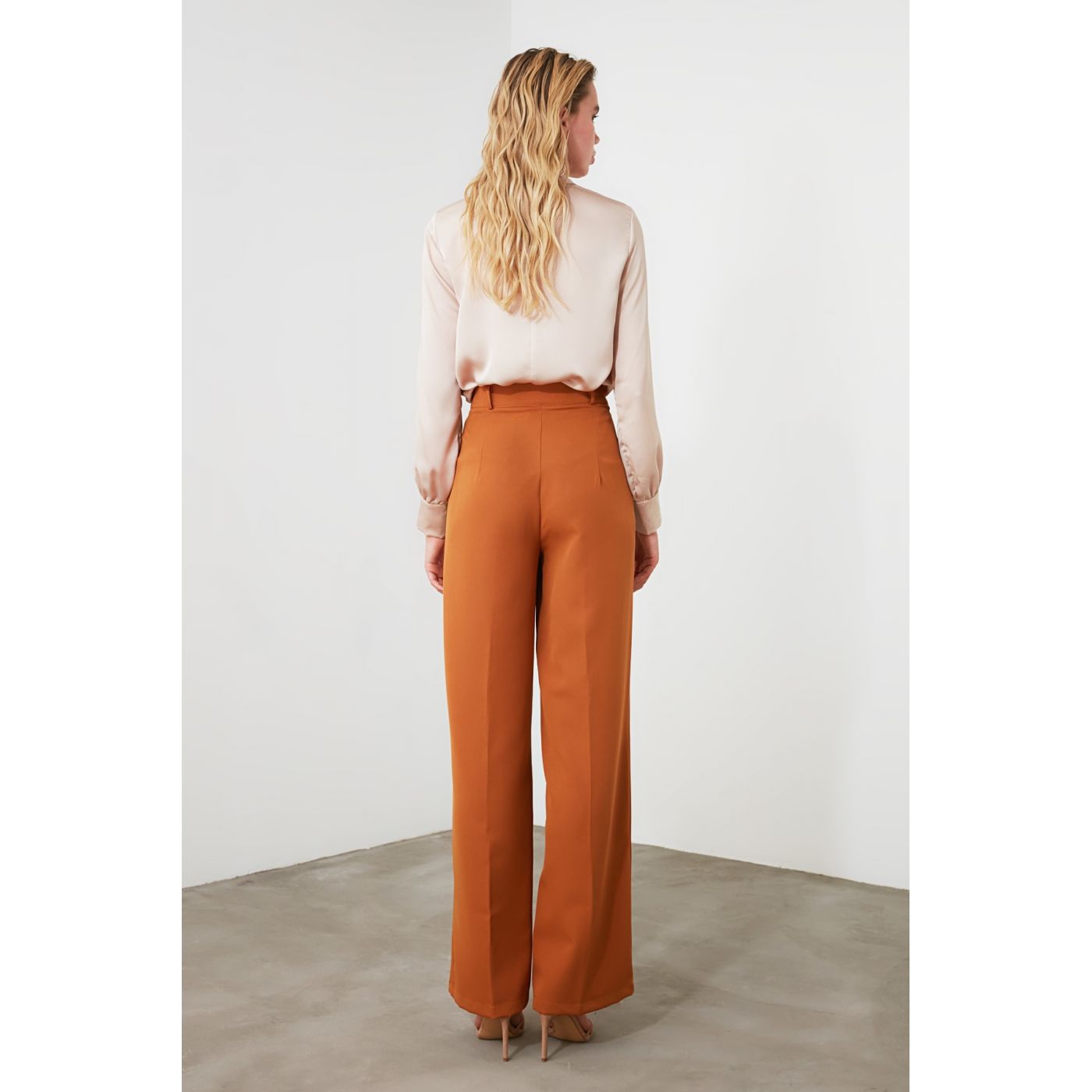 Trendyol Camel Front Stitch Detailing Wide Hem Trousers