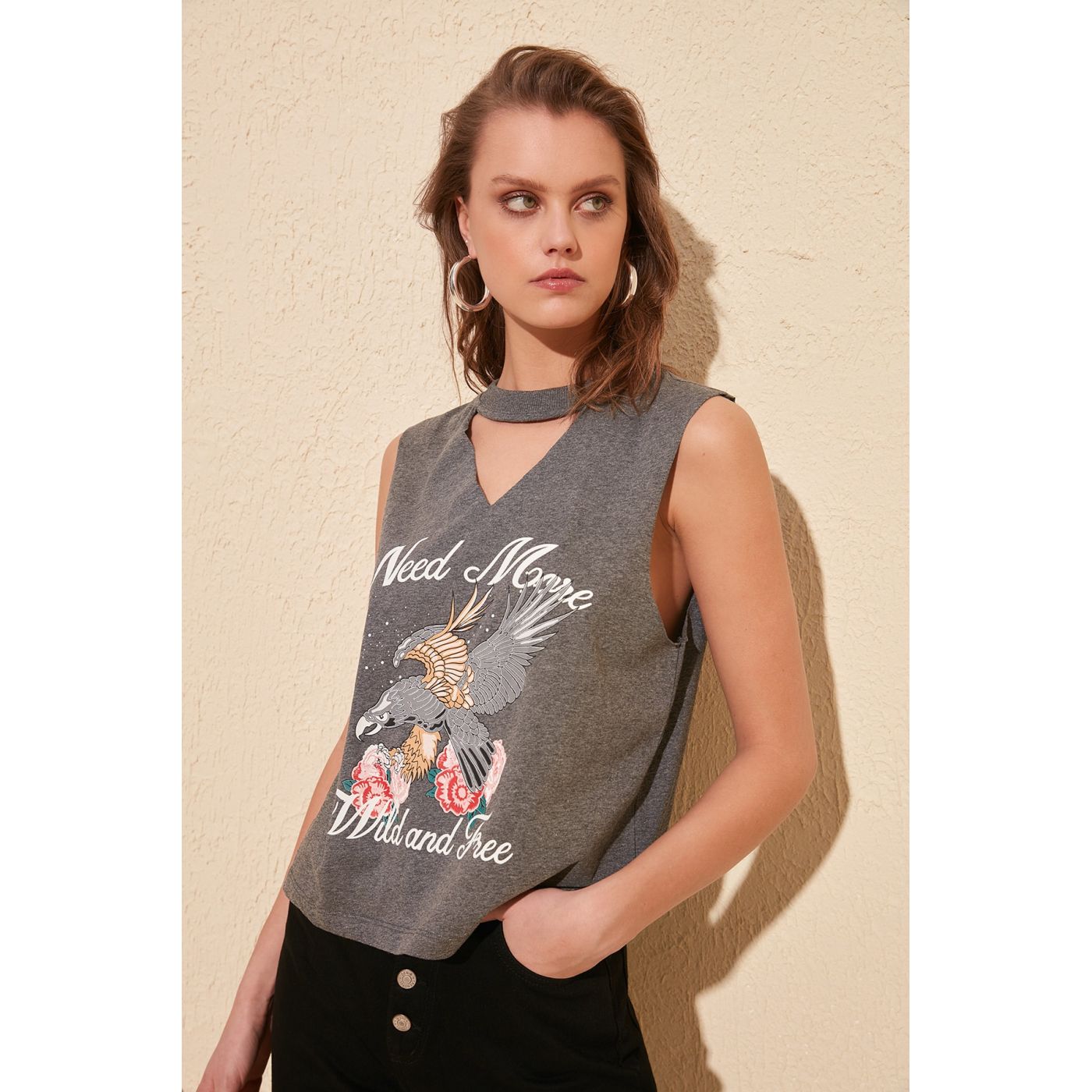Trendyol Anthracite Printed Sleeveless Basic Knitted Shirt