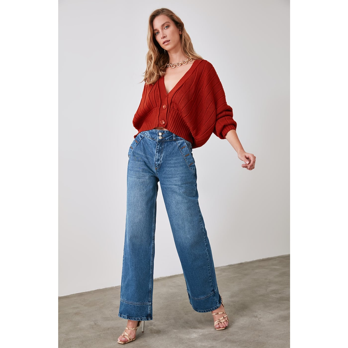 Trendyol Blue Waist Detailing High Waist Wide Leg Jeans