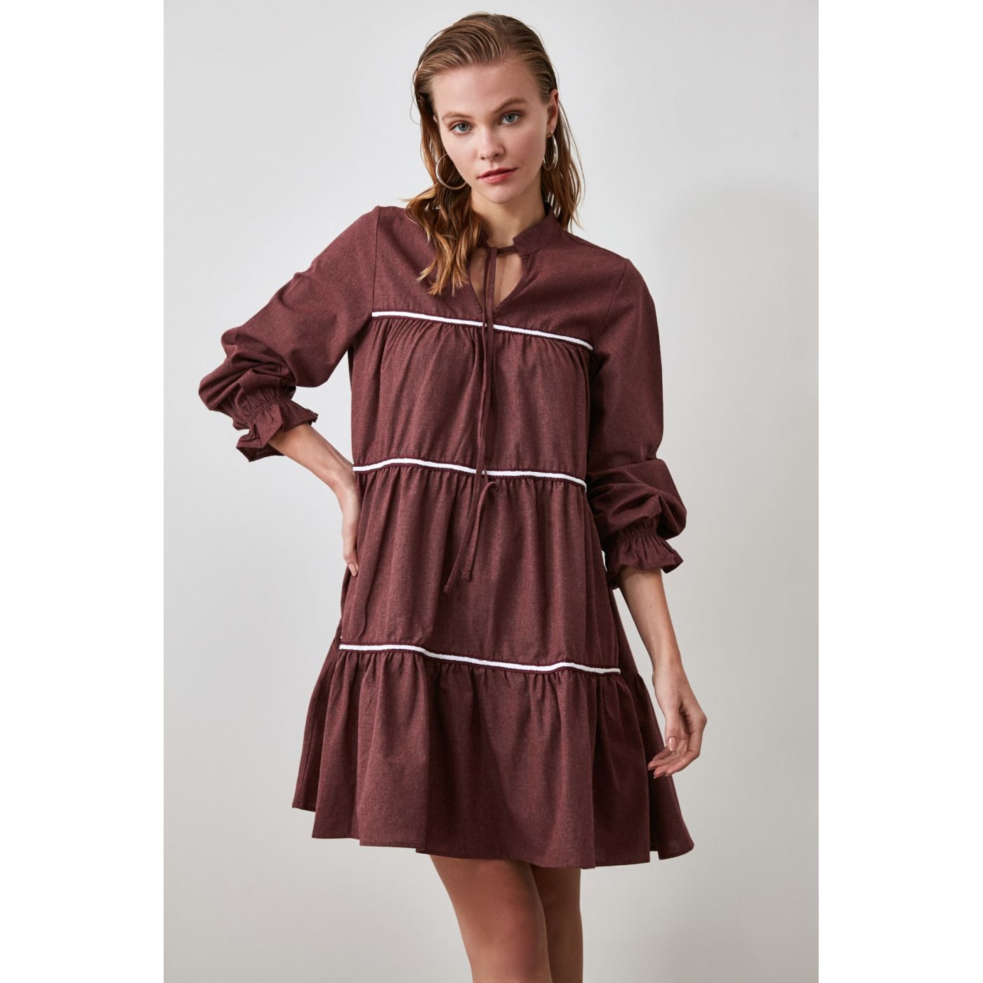 Trendyol Burgundy Ribbon Detailed Wide Cut Dress