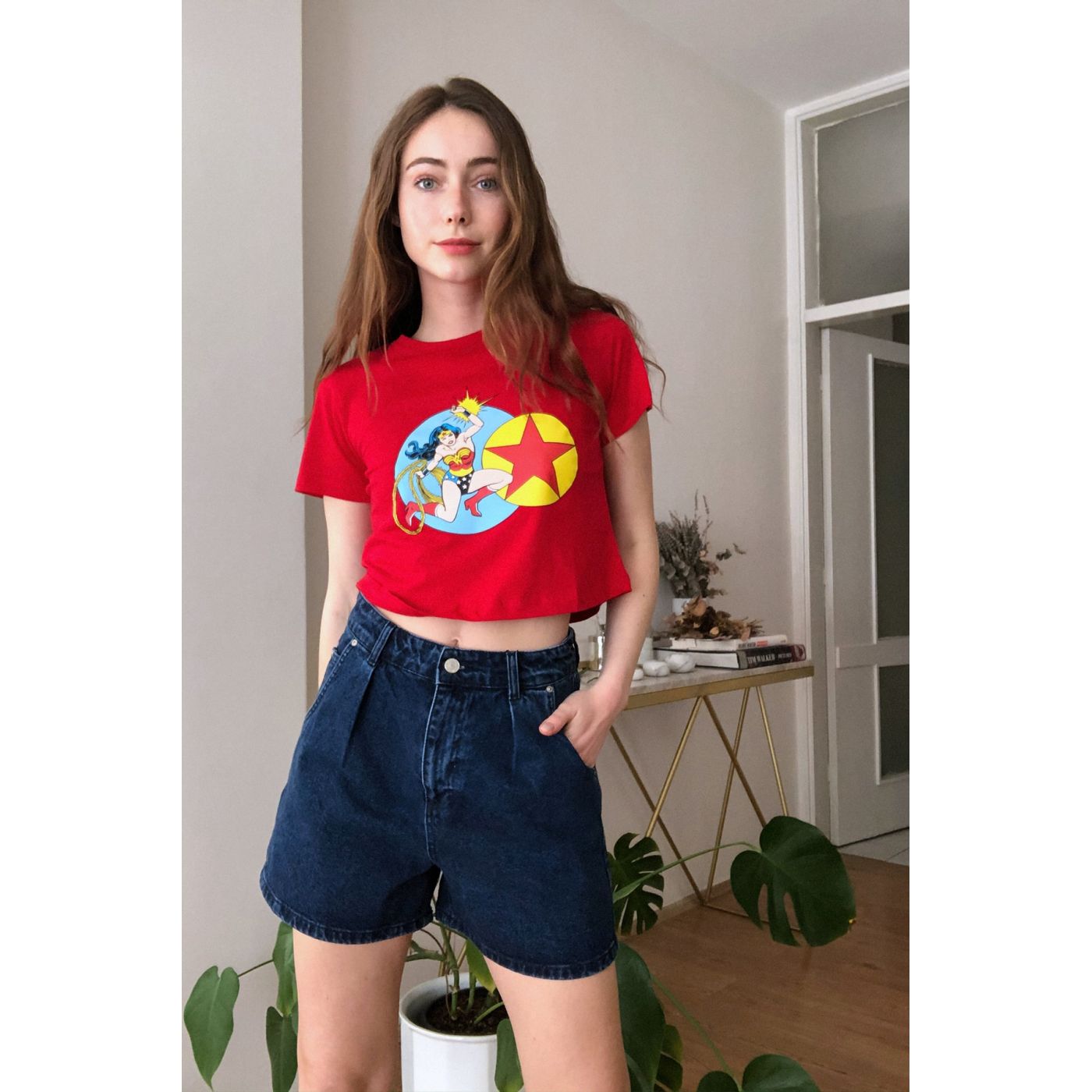 Trendyol Wonder Woman Licensed Red Printed Crop Knitted T-Shirt
