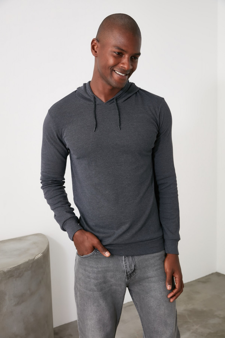 Trendyol Anthracite Men's Back Printed Long Sleeve Hooded T-Shirt