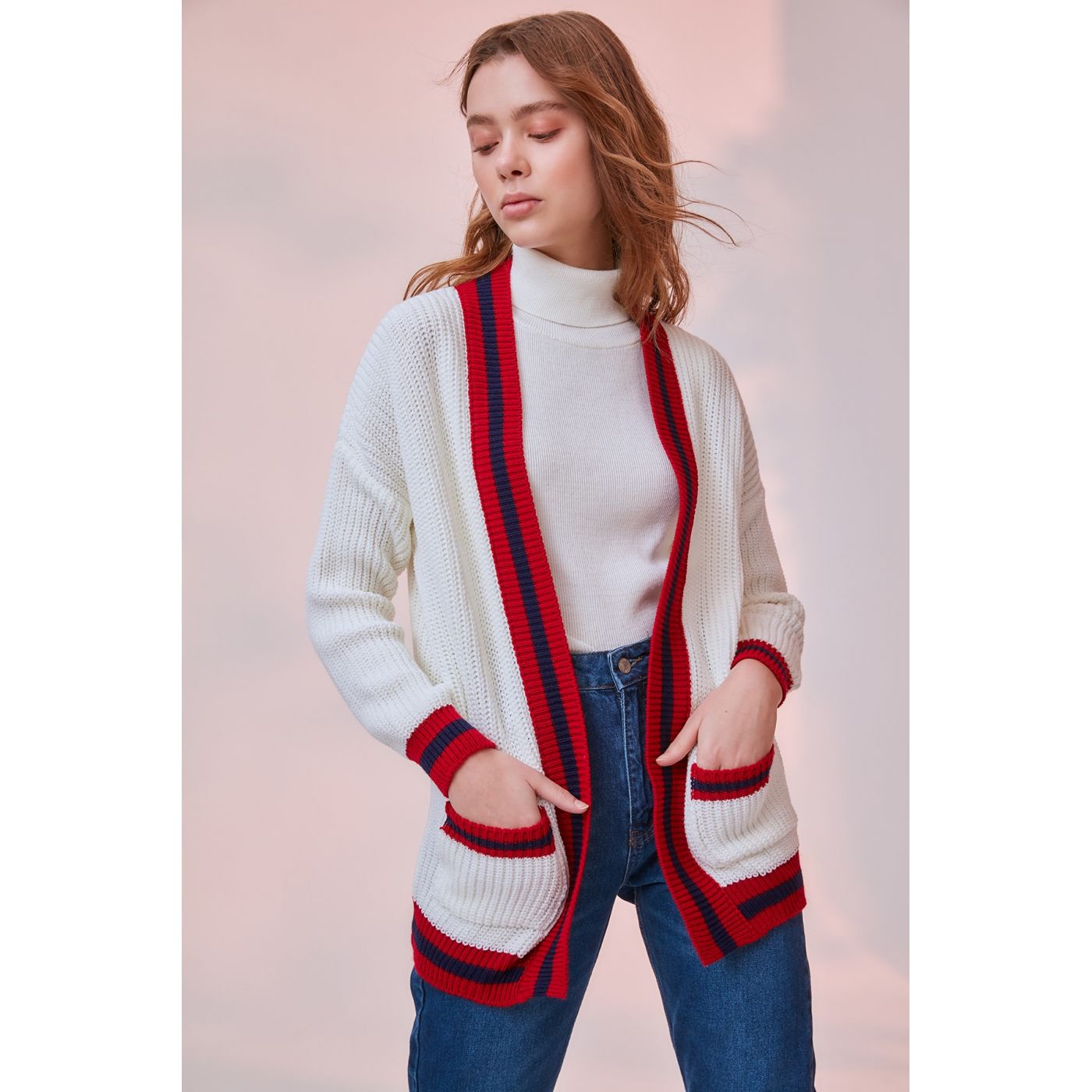 Trendyol Ecru Pocket Knitwear Color Block Cardigan