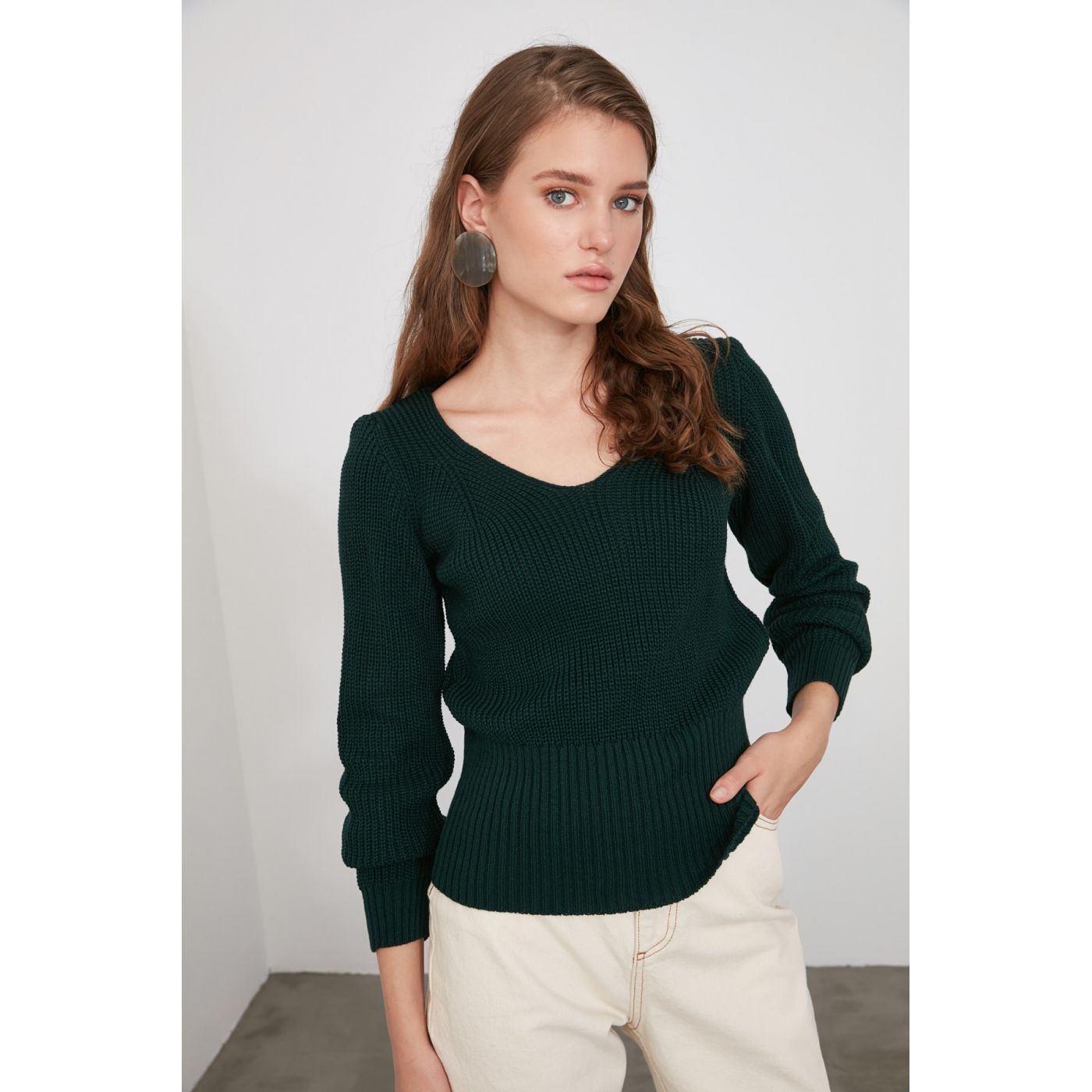 Trendyol Green V Collar Knit Sweater