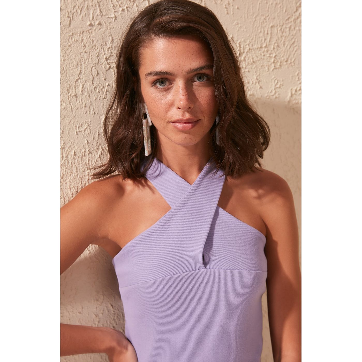 Trendyol Lila Neck-Bound Fitilli Knitted Blouse