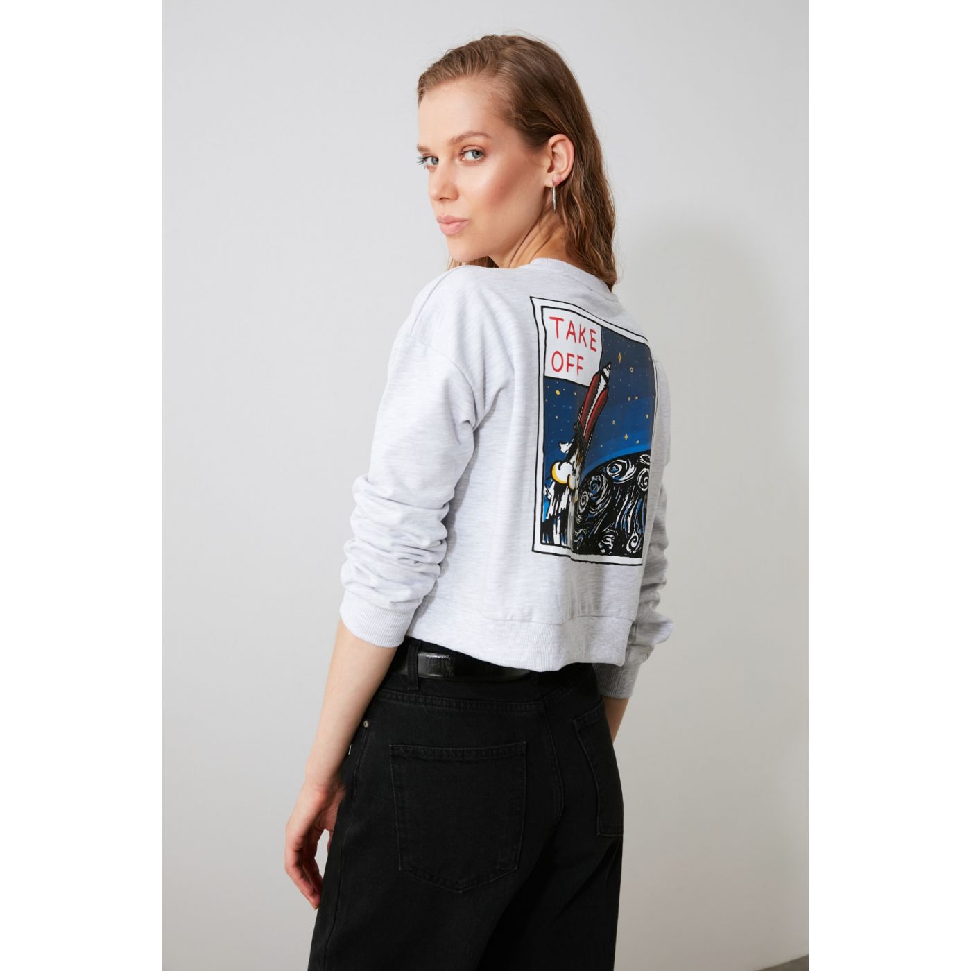 Trendyol Grey Back Printed Crop Knitted Sweatshirt