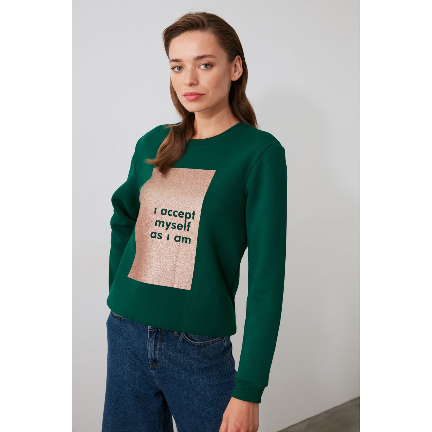 Trendyol Emerald Green Printed Knitted Sweatshirt