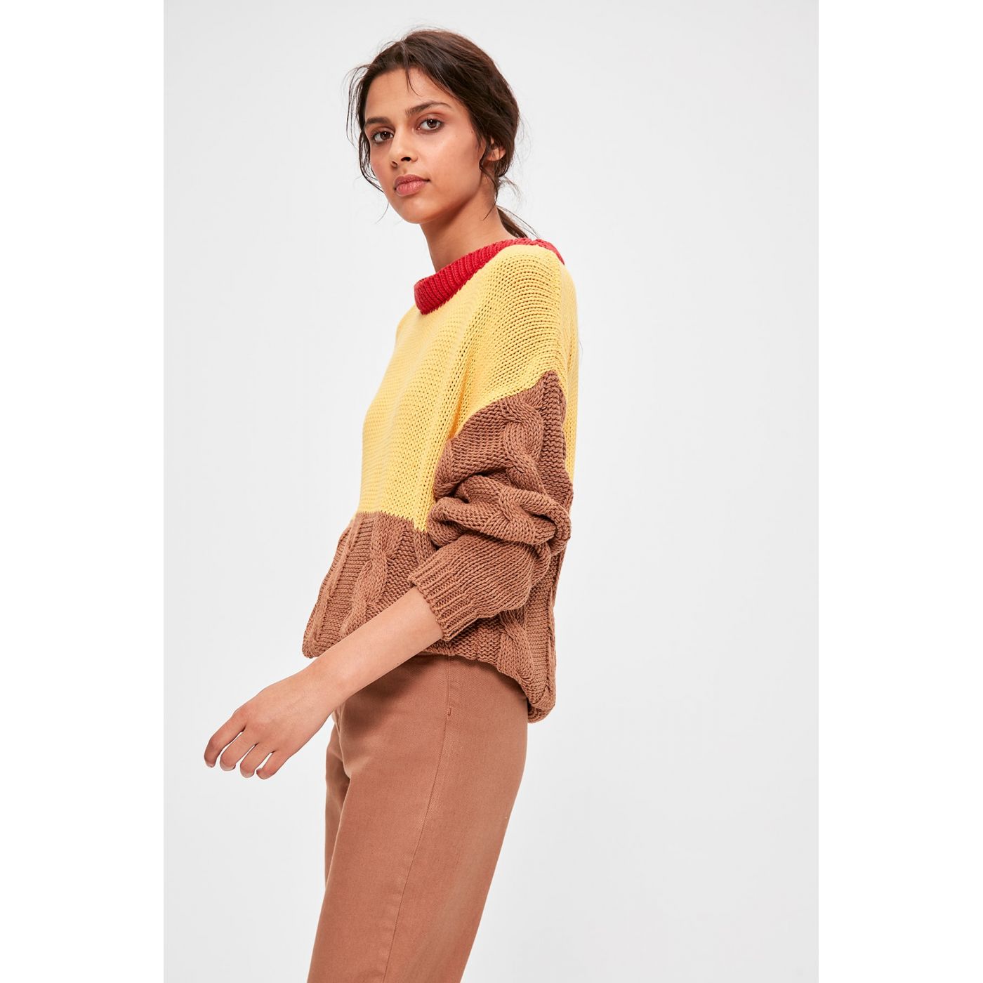 Trendyol Yellow Color BlockEd Knitted Detailed Knitwear Sweater