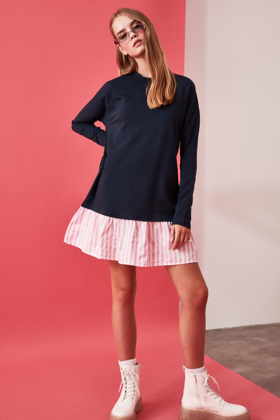 Trendyol Navy Striped Poplin Detailed Knitting Dress