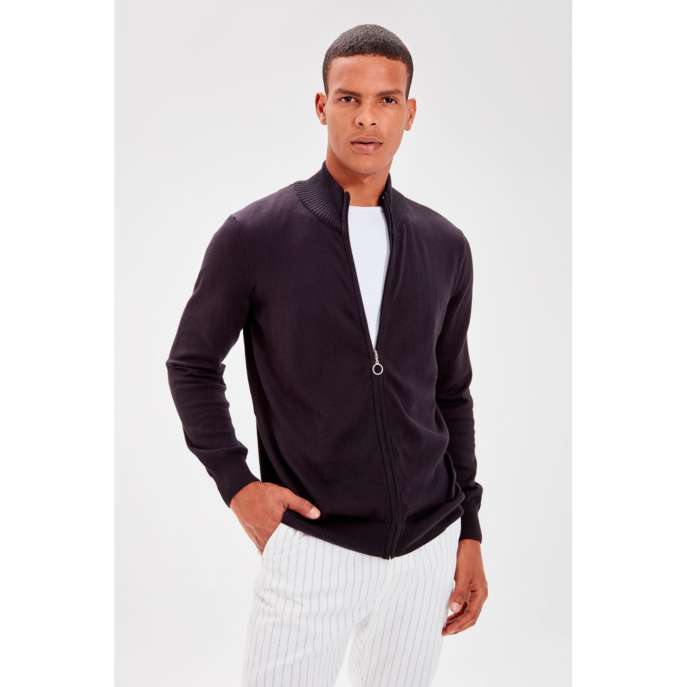 Trendyol Black Men's Press Upright Collar Front Zip-up Cotton Knitwear Cardigan