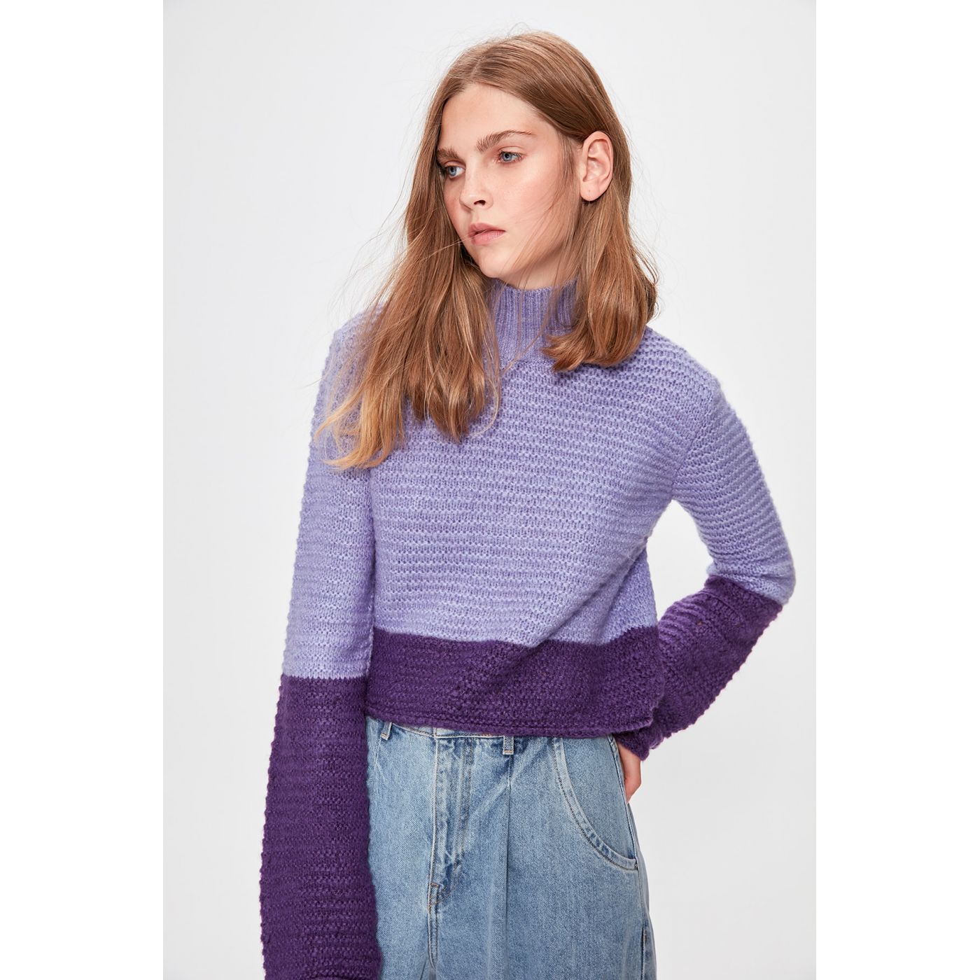 Trendyol Lila Crop Color Block Knitwear Sweater