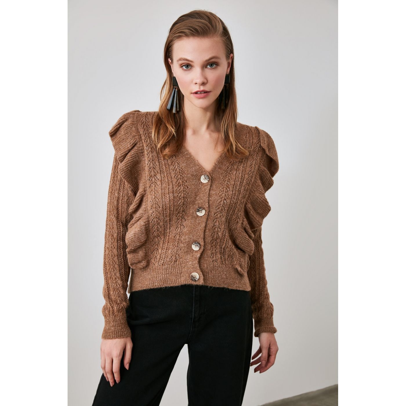 Trendyol Camel Ruffle Detailed Tirko Cardigan