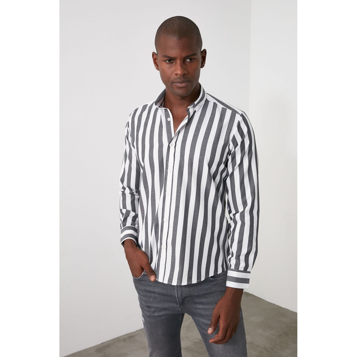 Trendyol Black Men Button Neckline Slim Fit Shirt