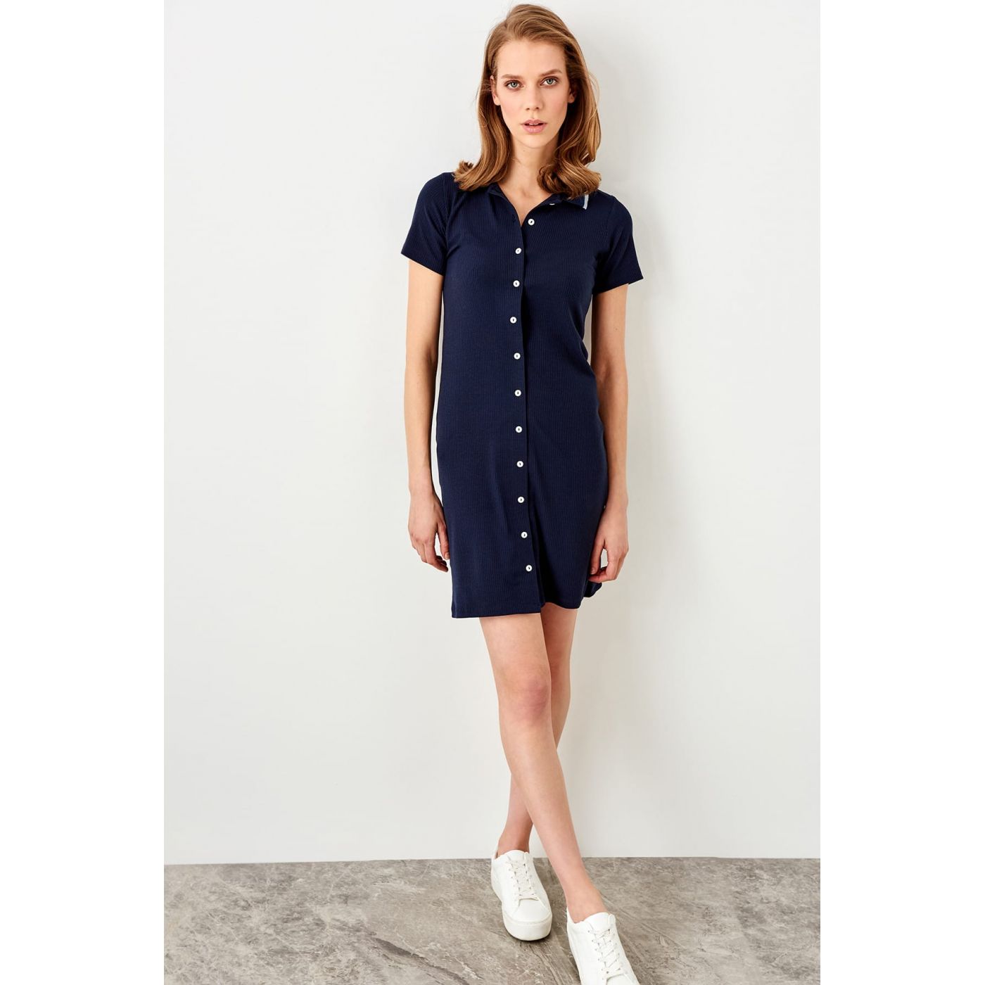 Trendyol Navy ButtonEd Fitilli Knitting Dress