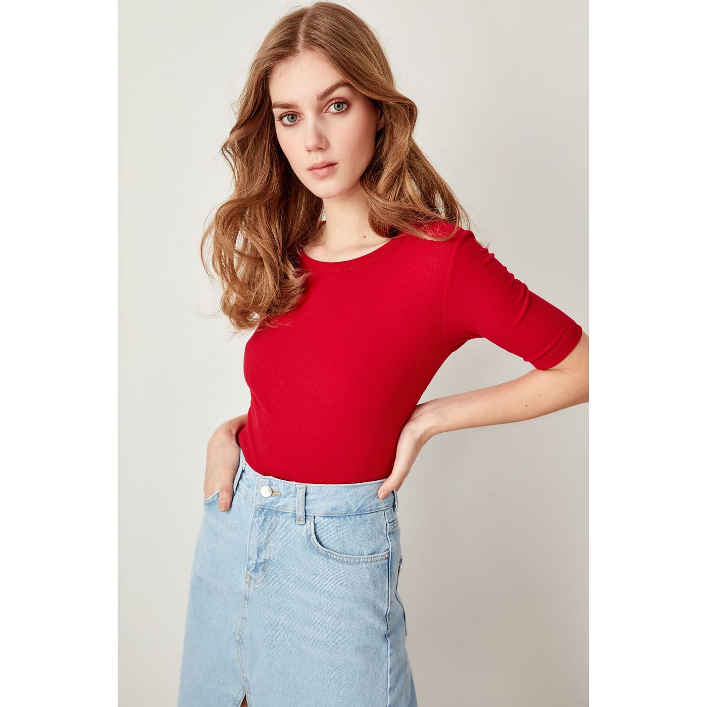 Trendyol Red Basic Corded Knit t-shirt