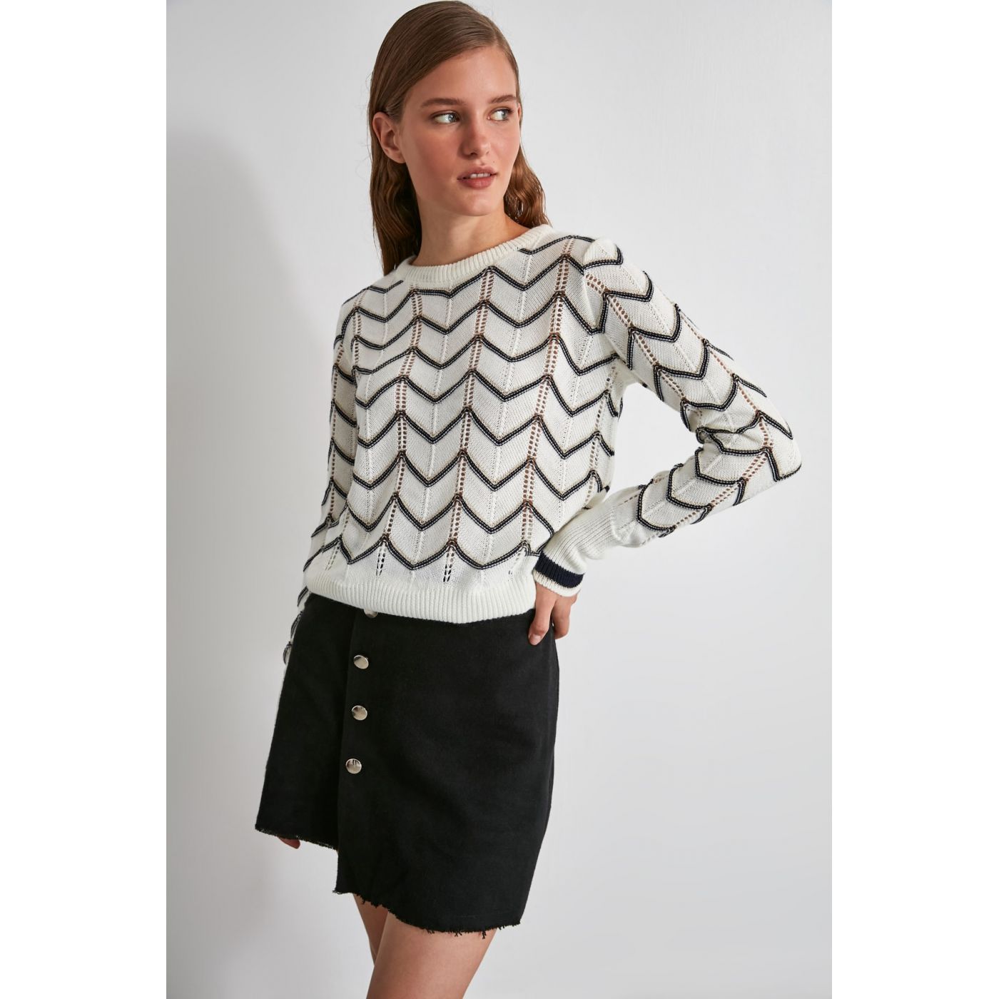 Trendyol Ekru Zigzag Simli Knitwear Sweater