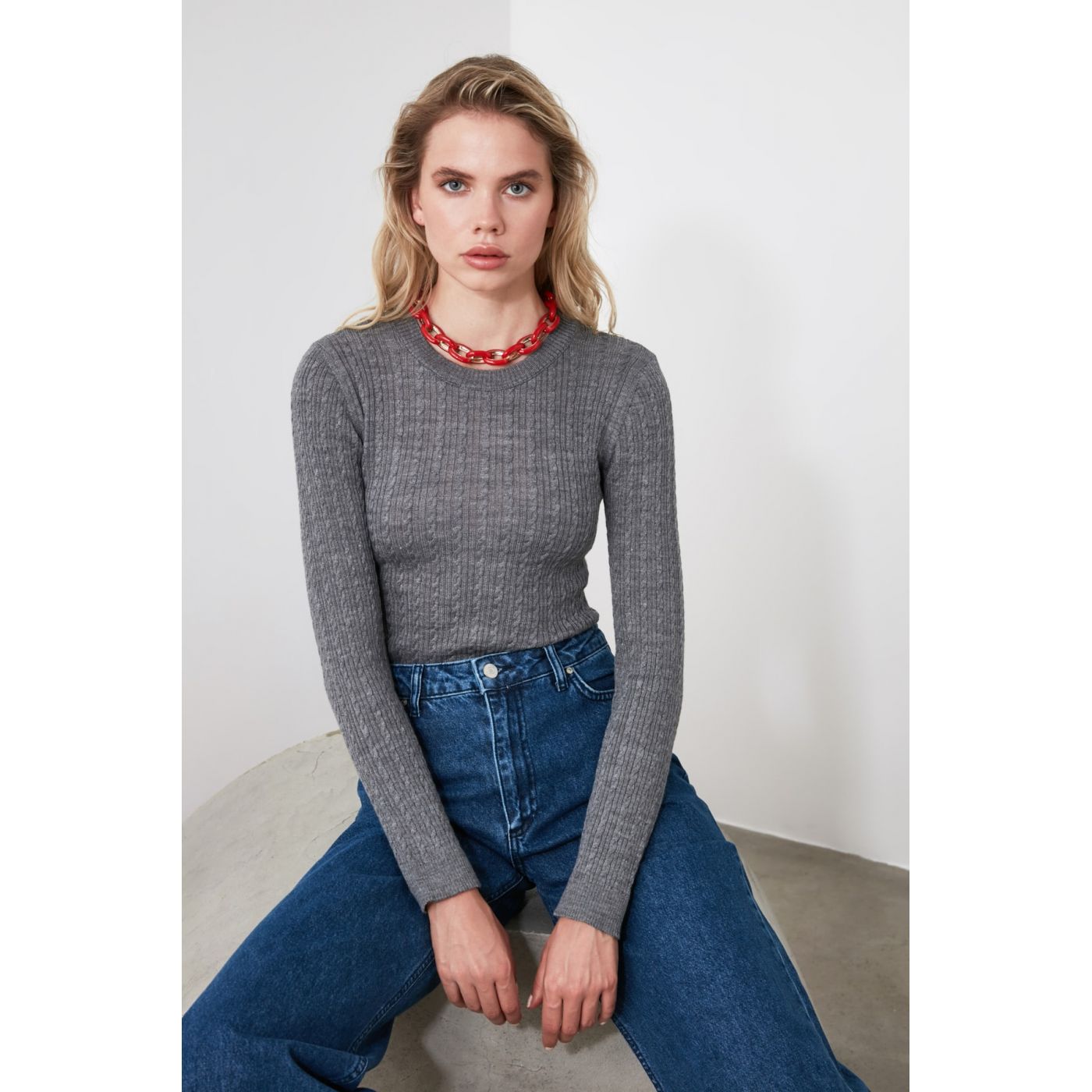 Trendyol Grey Woollen Braided Knit Sweater