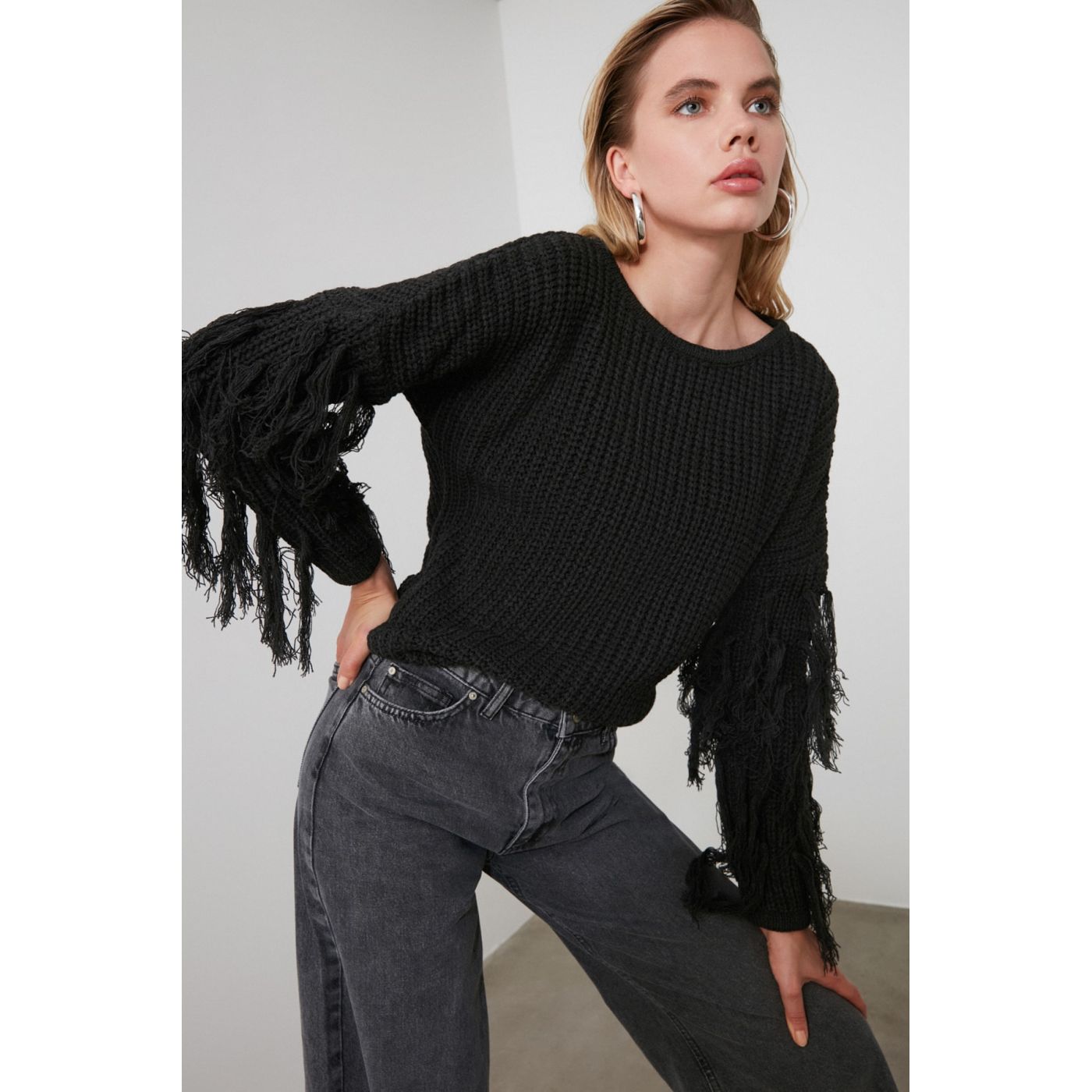 Trendyol Anthracite Tasseled Knit Sweater