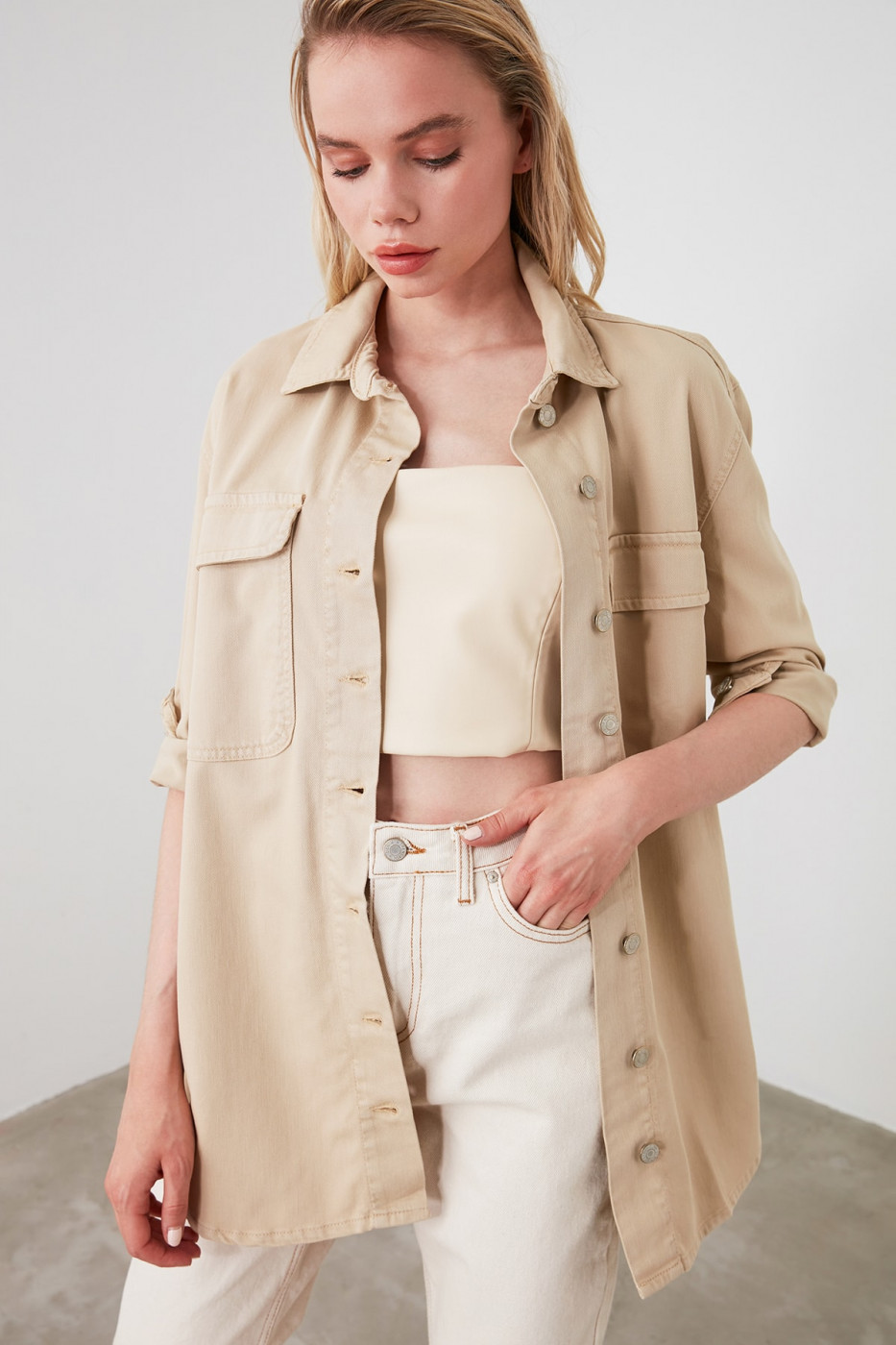 Trendyol Cream Pocket Detailed Oversize Denim Jacket