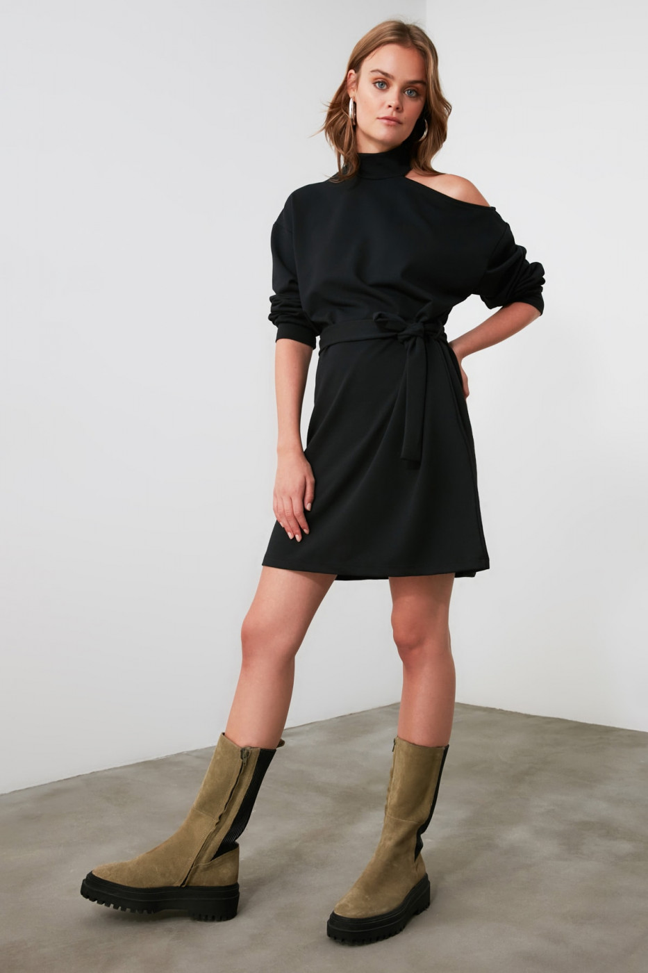 Trendyol Knitted Dress with Black Belt Shoulder Detailing