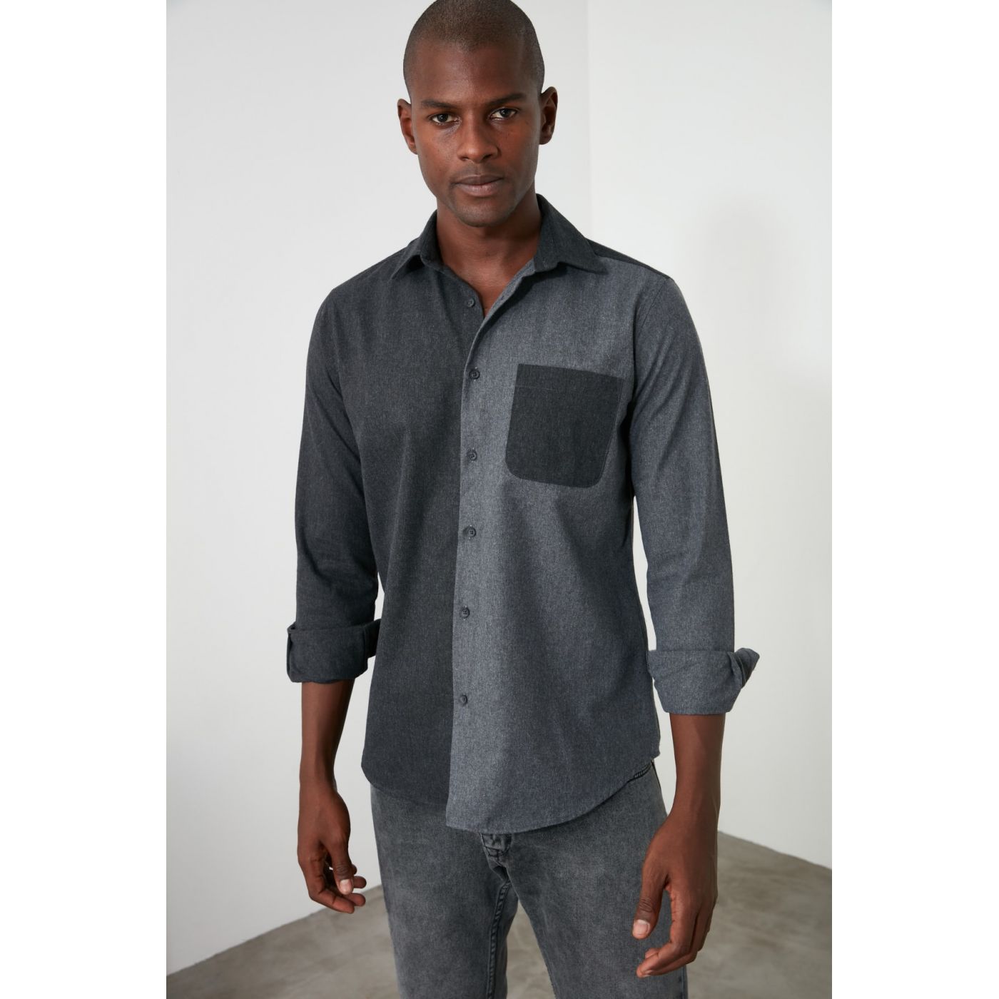 Trendyol Black Men's Paneled Regular Fit Flannel Shirt